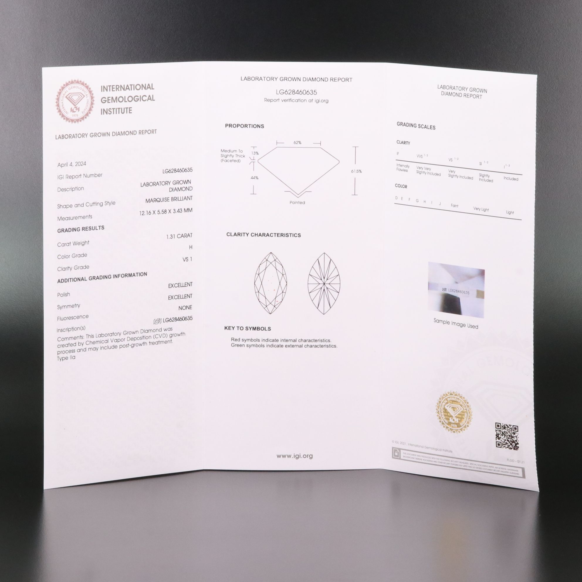 Loose 1.31 CT Lab Grown Diamond with IGI Report