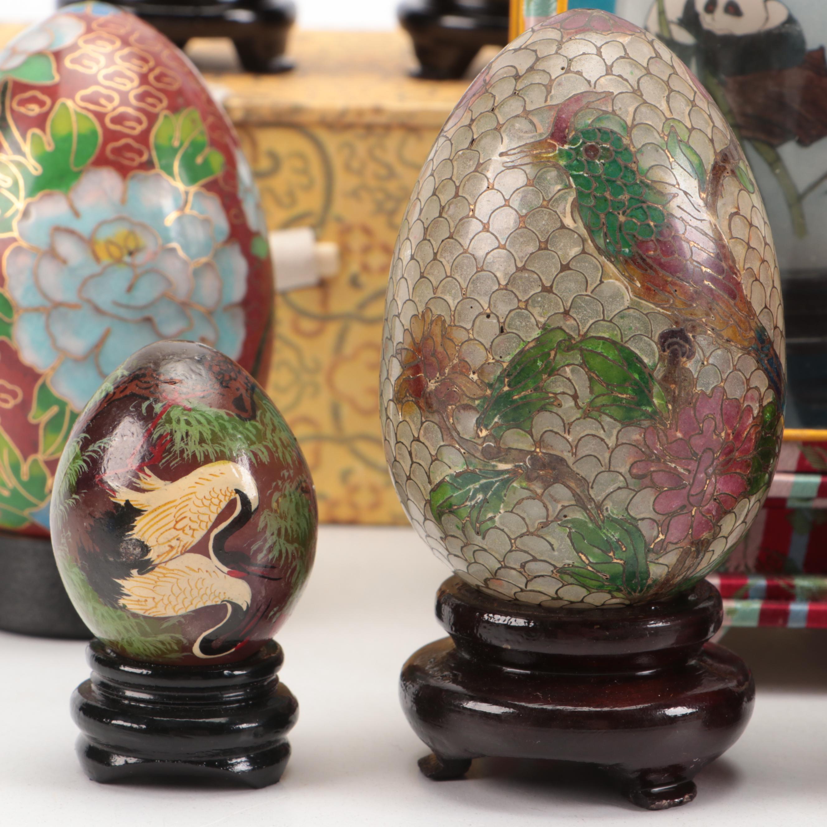 Plique-à-Jour and Ceramic Cloisonné Style Eggs with Wooden Stands