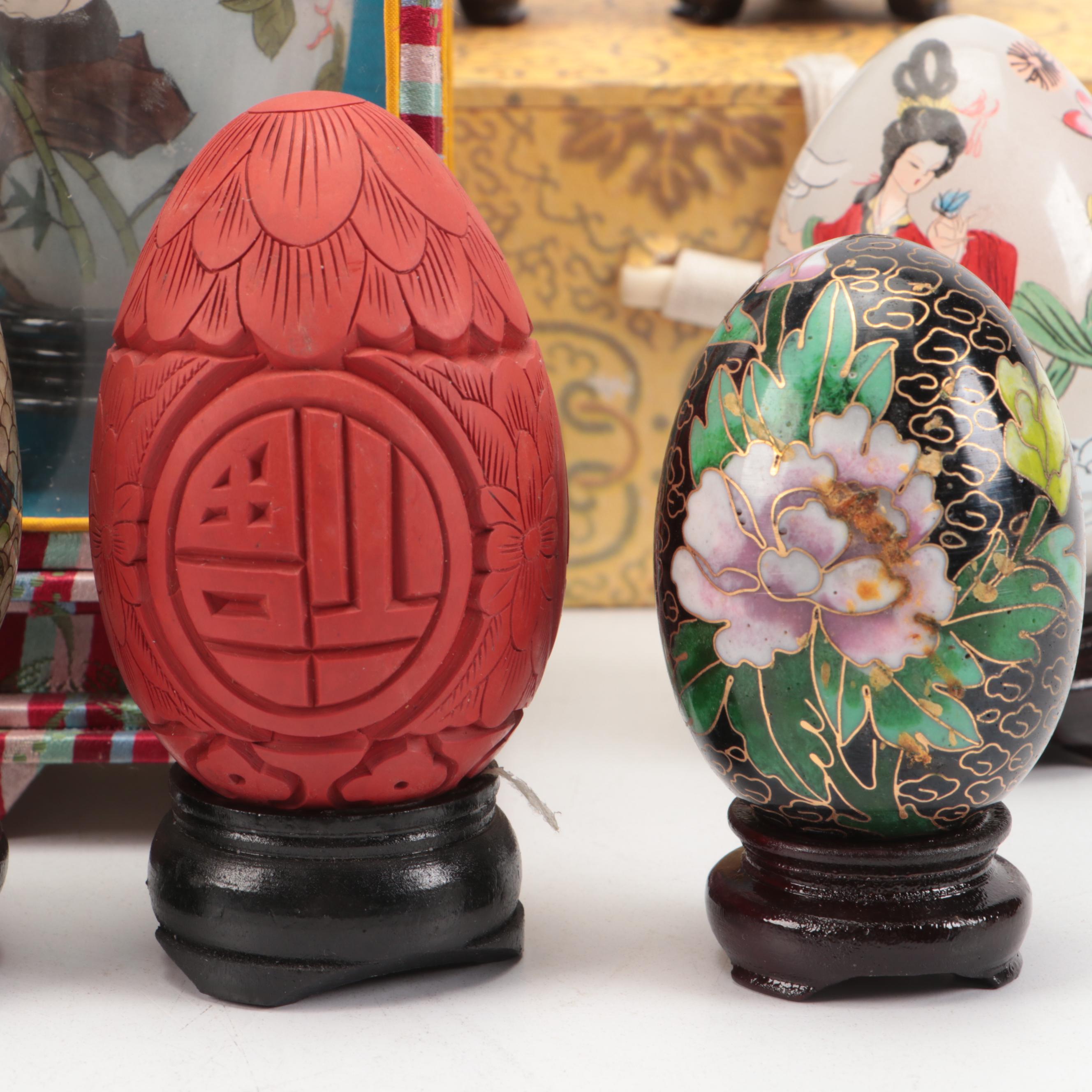 Plique-à-Jour and Ceramic Cloisonné Style Eggs with Wooden Stands