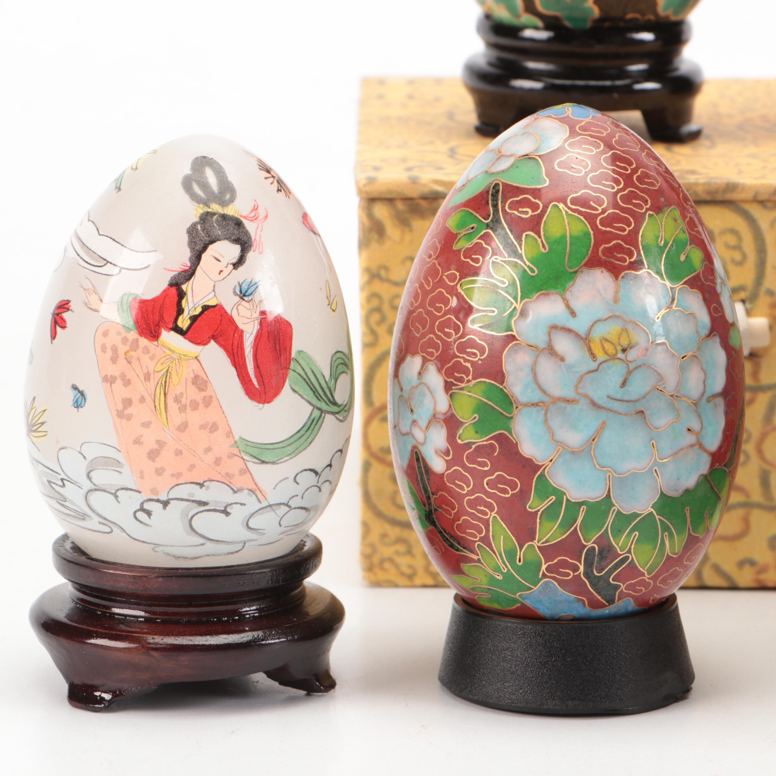 Plique-à-Jour and Ceramic Cloisonné Style Eggs with Wooden Stands