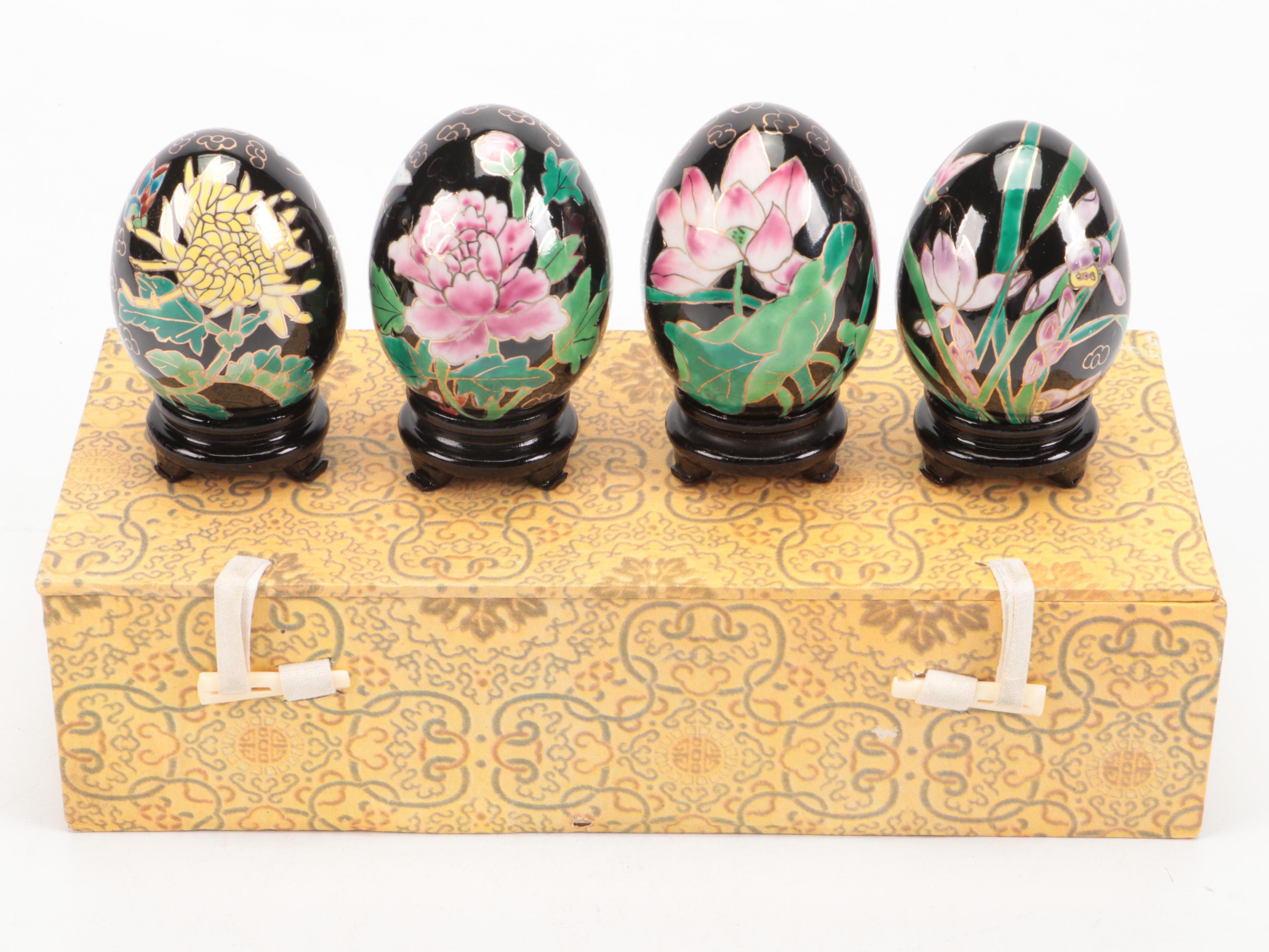 Plique-à-Jour and Ceramic Cloisonné Style Eggs with Wooden Stands