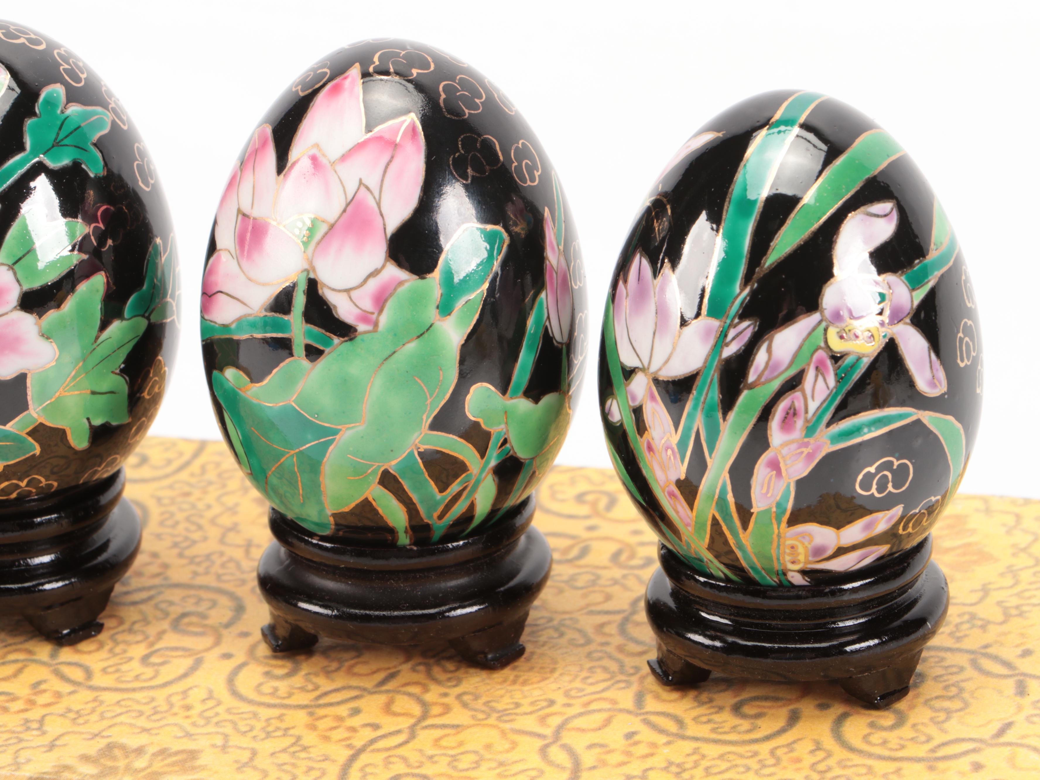 Plique-à-Jour and Ceramic Cloisonné Style Eggs with Wooden Stands