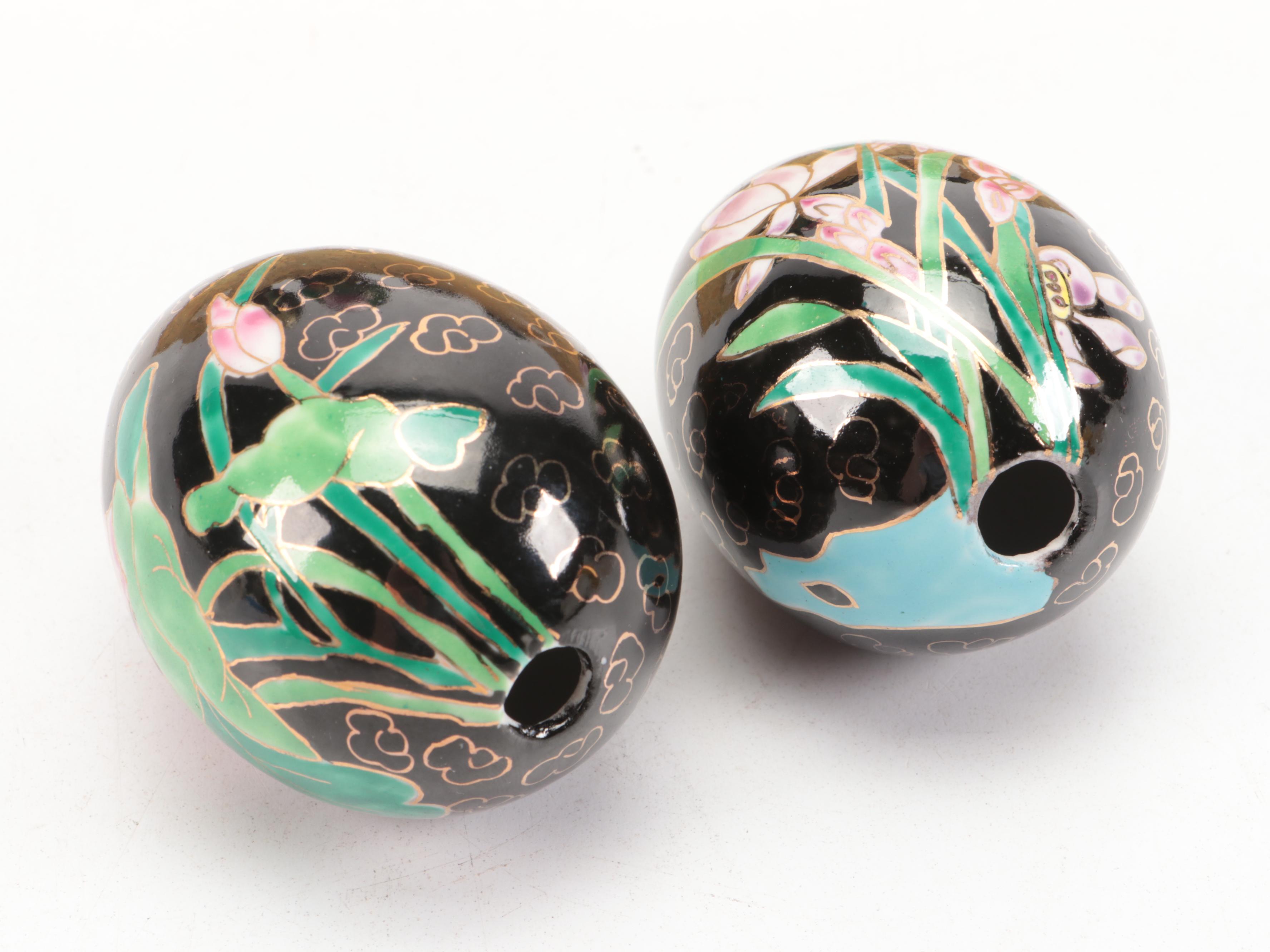 Plique-à-Jour and Ceramic Cloisonné Style Eggs with Wooden Stands