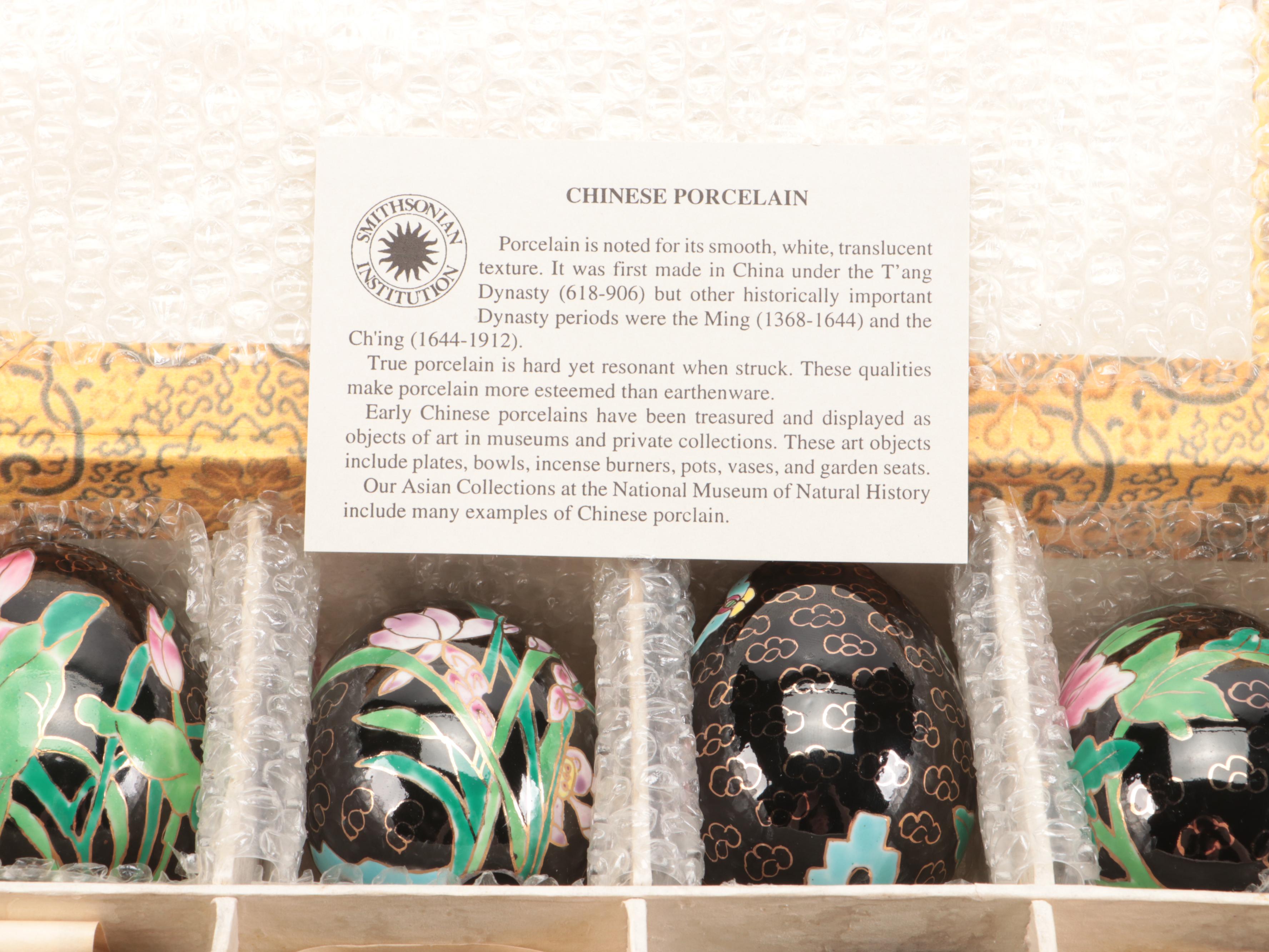 Plique-à-Jour and Ceramic Cloisonné Style Eggs with Wooden Stands