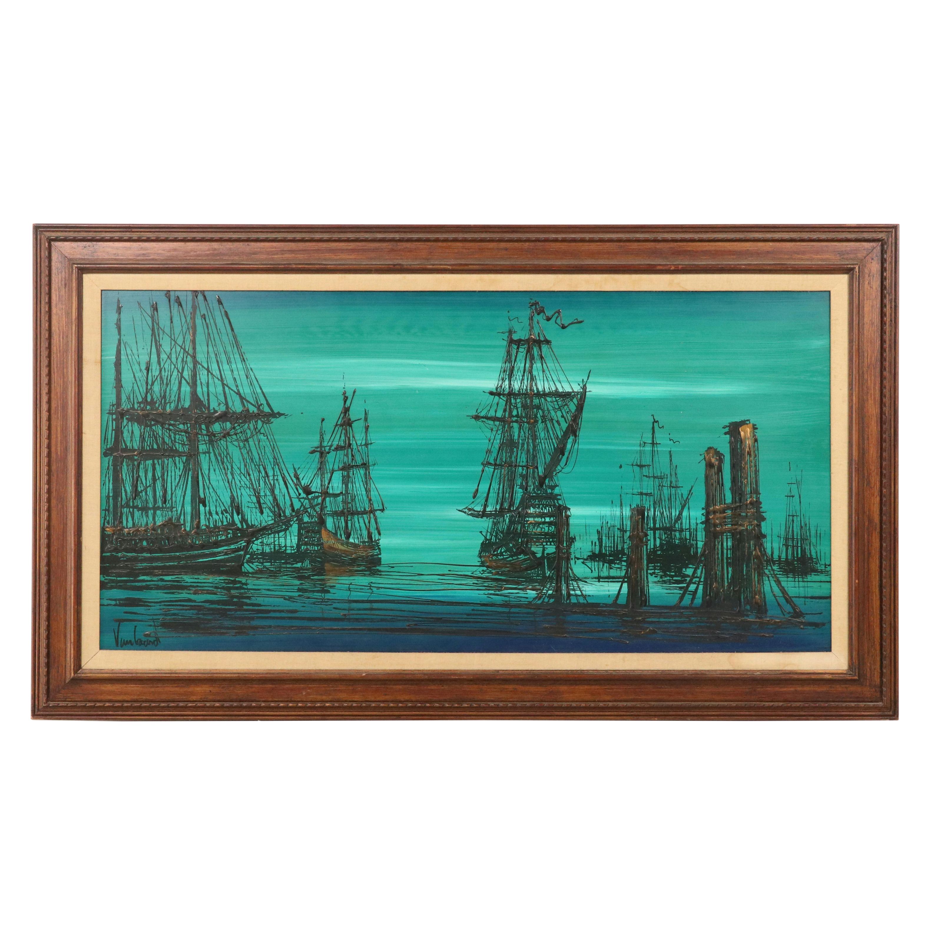Nocturne Maritime Acrylic Painting, Late 20th Century