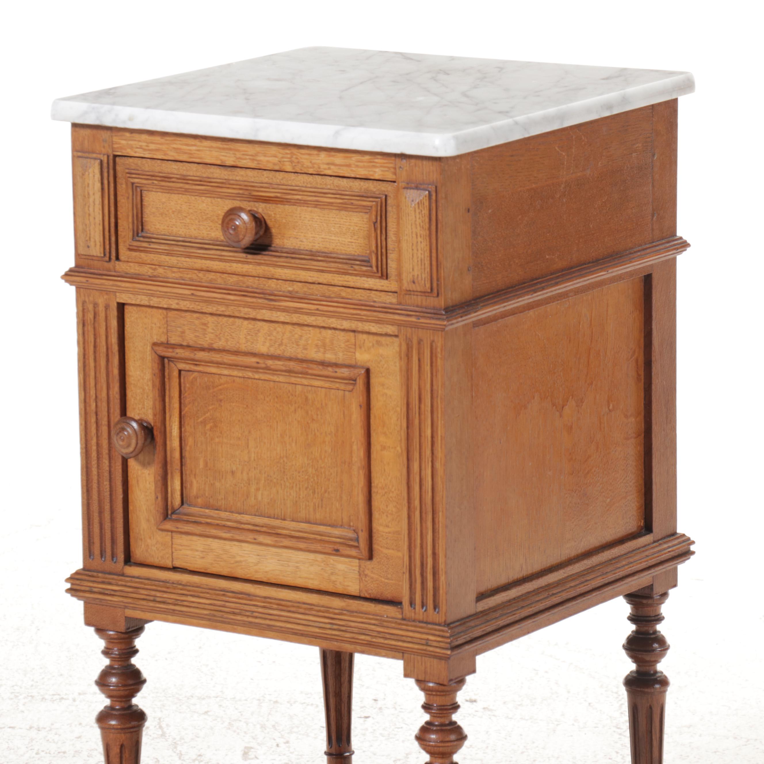 Louis XVI Style Marble Top Wood Bedside Cabinet, Early 20th Century