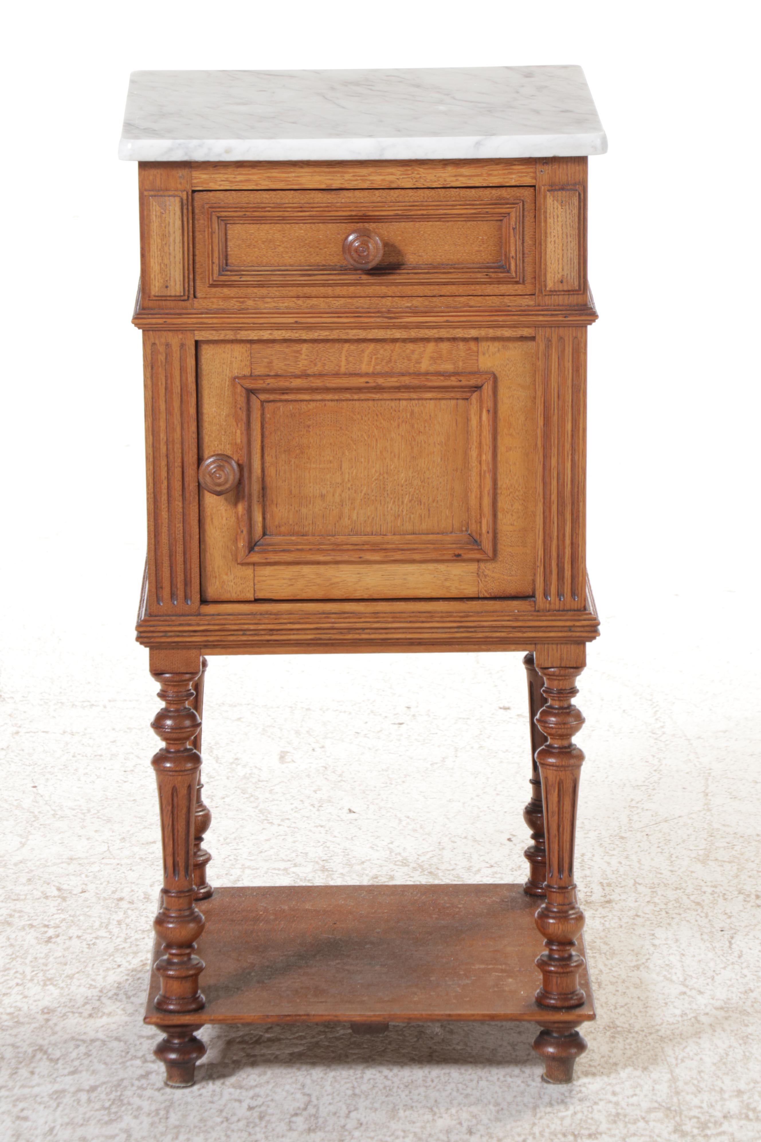 Louis XVI Style Marble Top Wood Bedside Cabinet, Early 20th Century