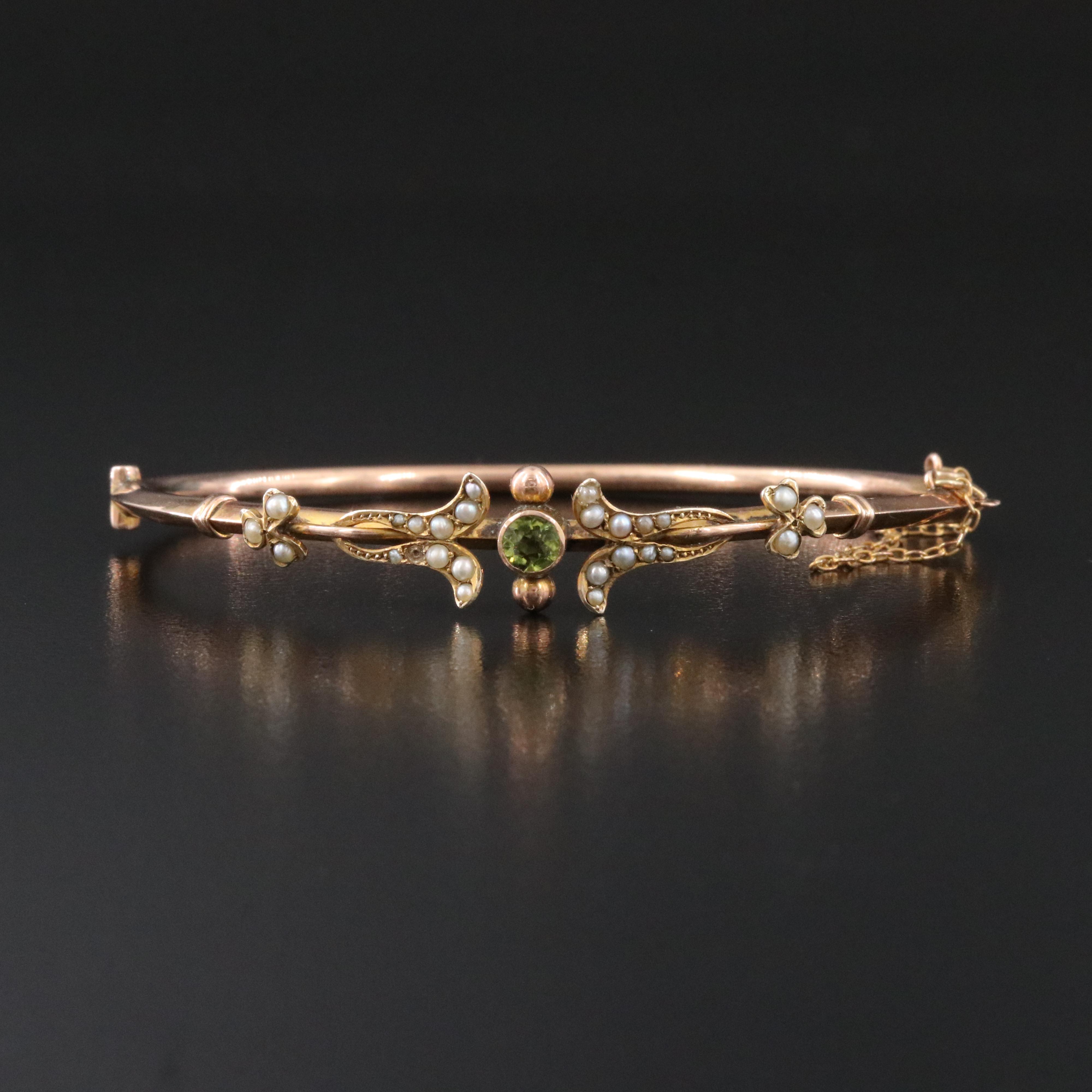 Antique 9K Tourmaline and Seed Pearl Hinged Bangle Bracelet
