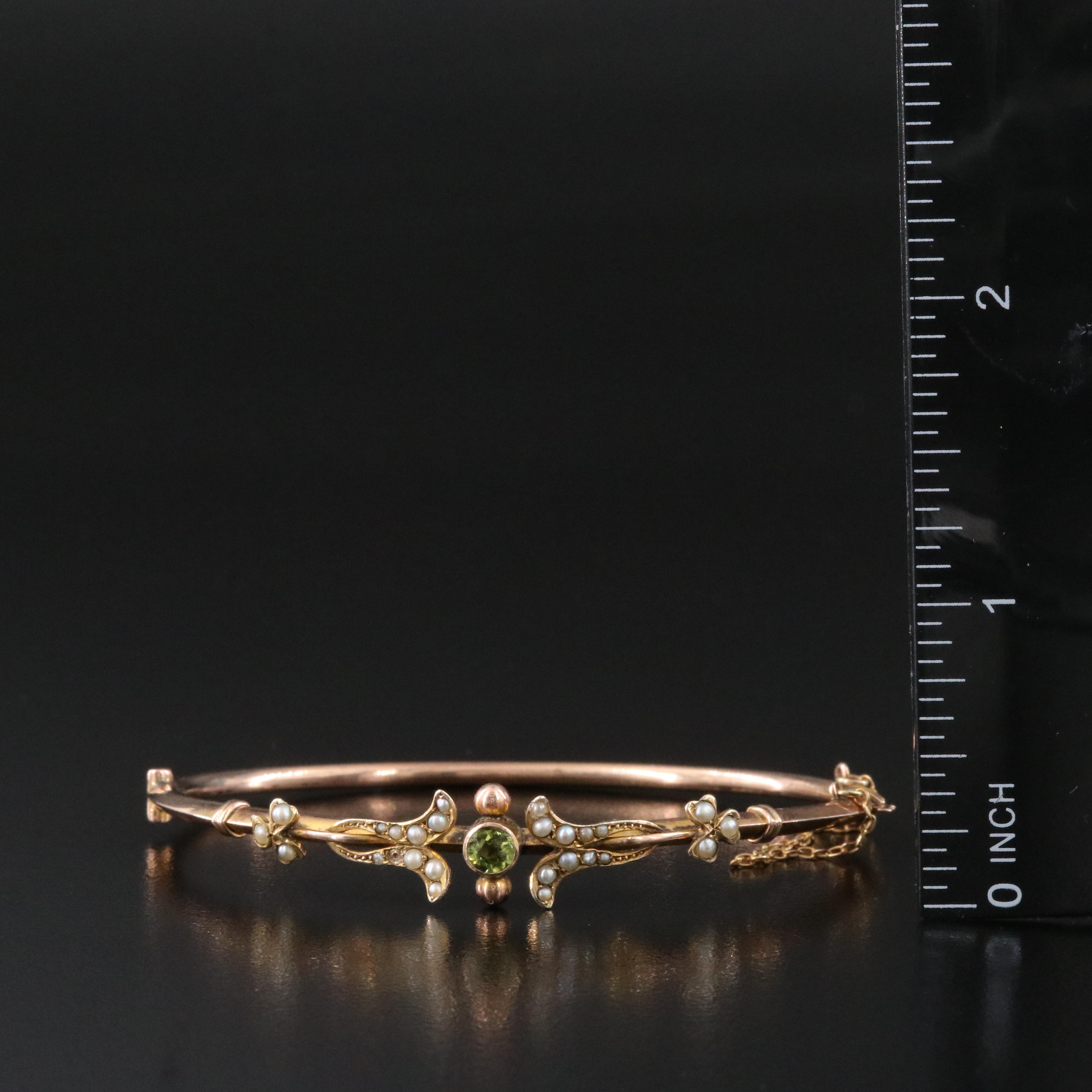 Antique 9K Tourmaline and Seed Pearl Hinged Bangle Bracelet