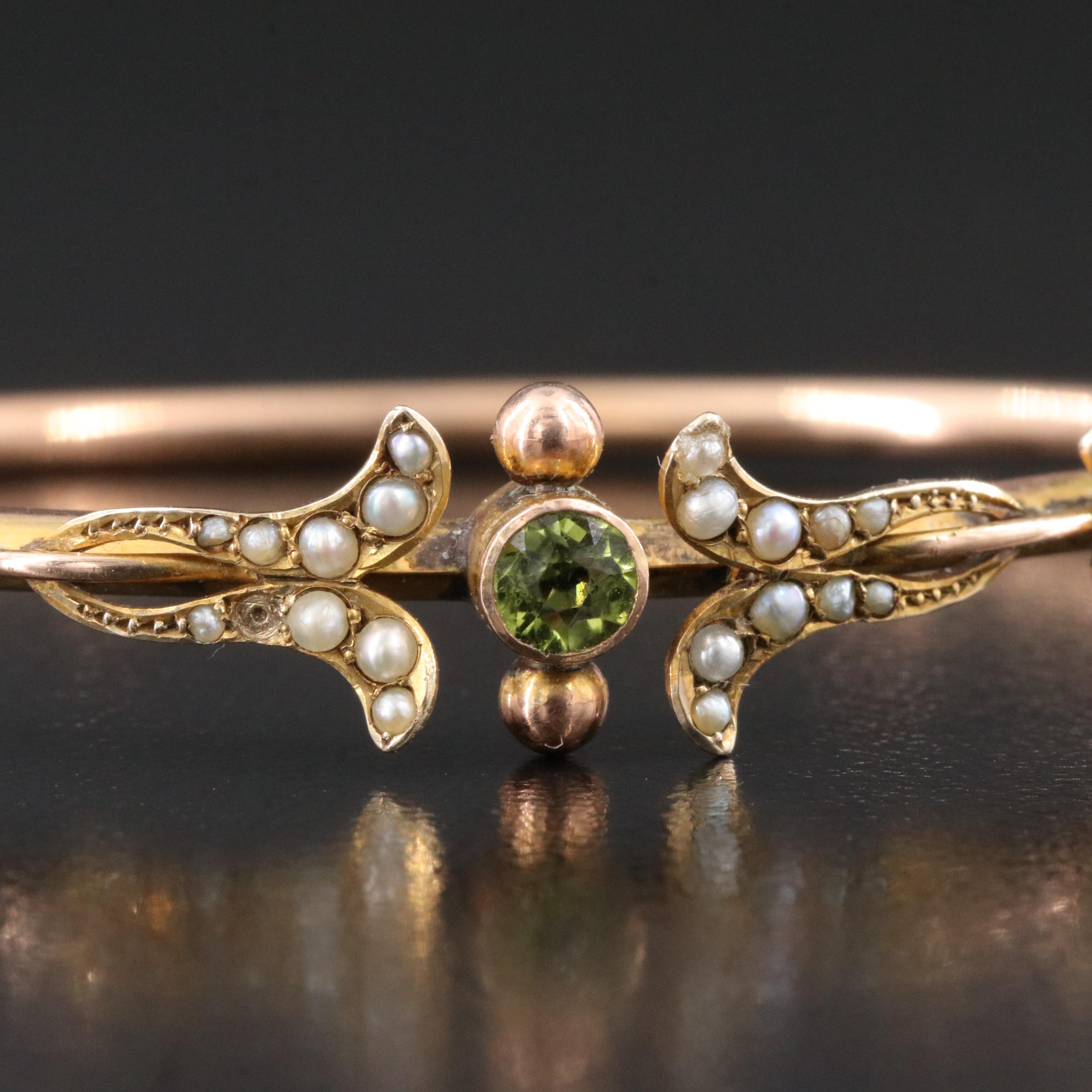 Antique 9K Tourmaline and Seed Pearl Hinged Bangle Bracelet