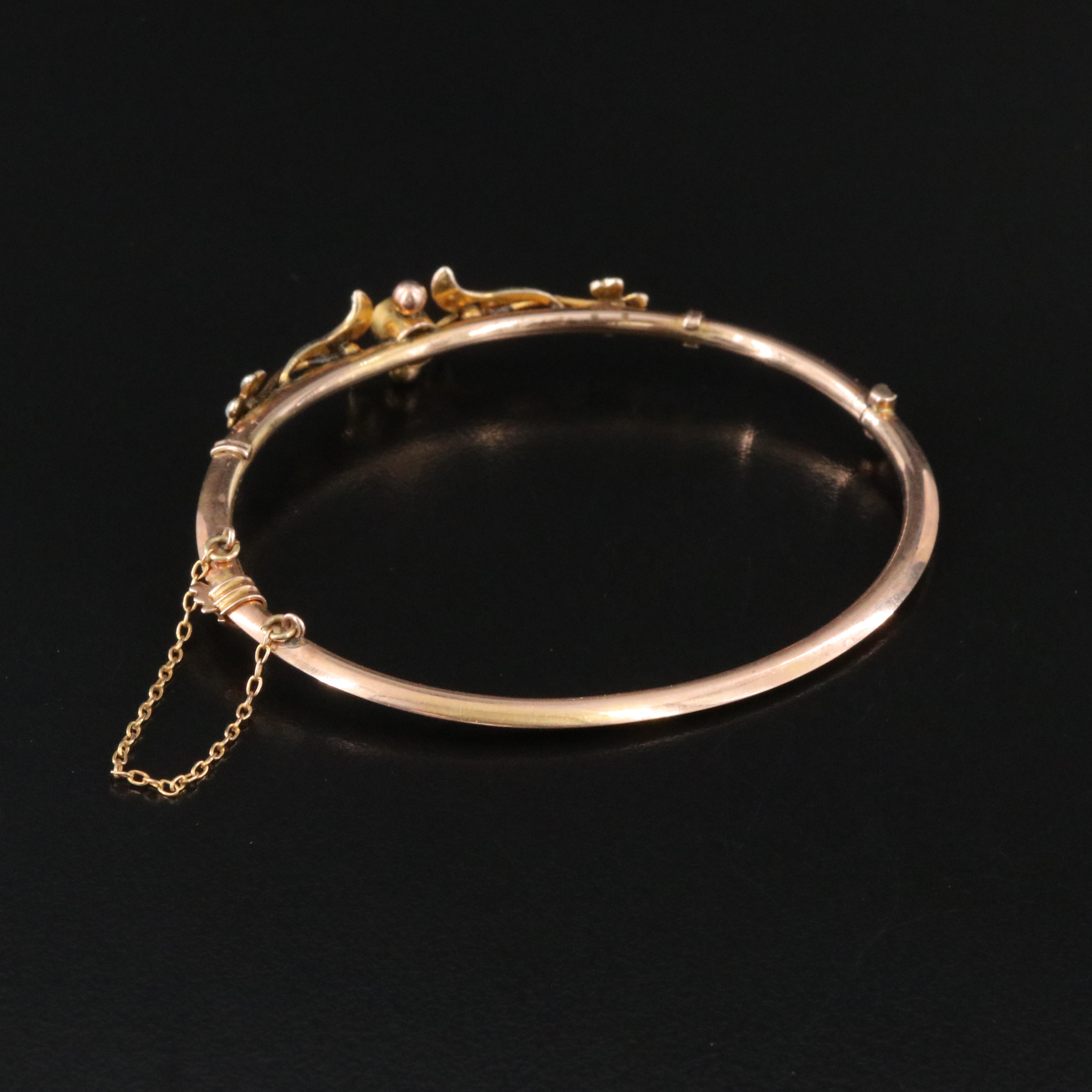 Antique 9K Tourmaline and Seed Pearl Hinged Bangle Bracelet