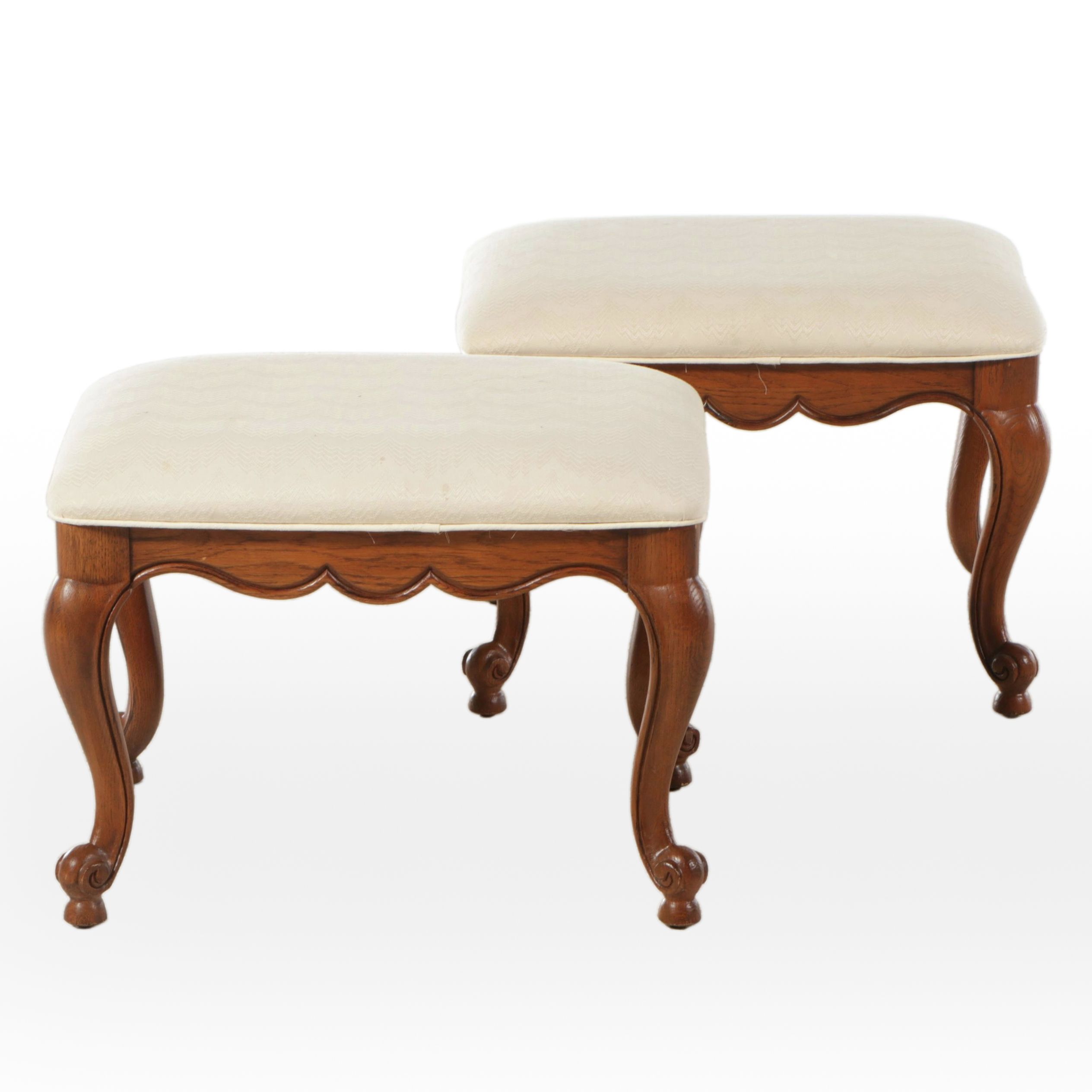 Pair of Thomasville French Provincial Style Upholstered Oak Ottomans