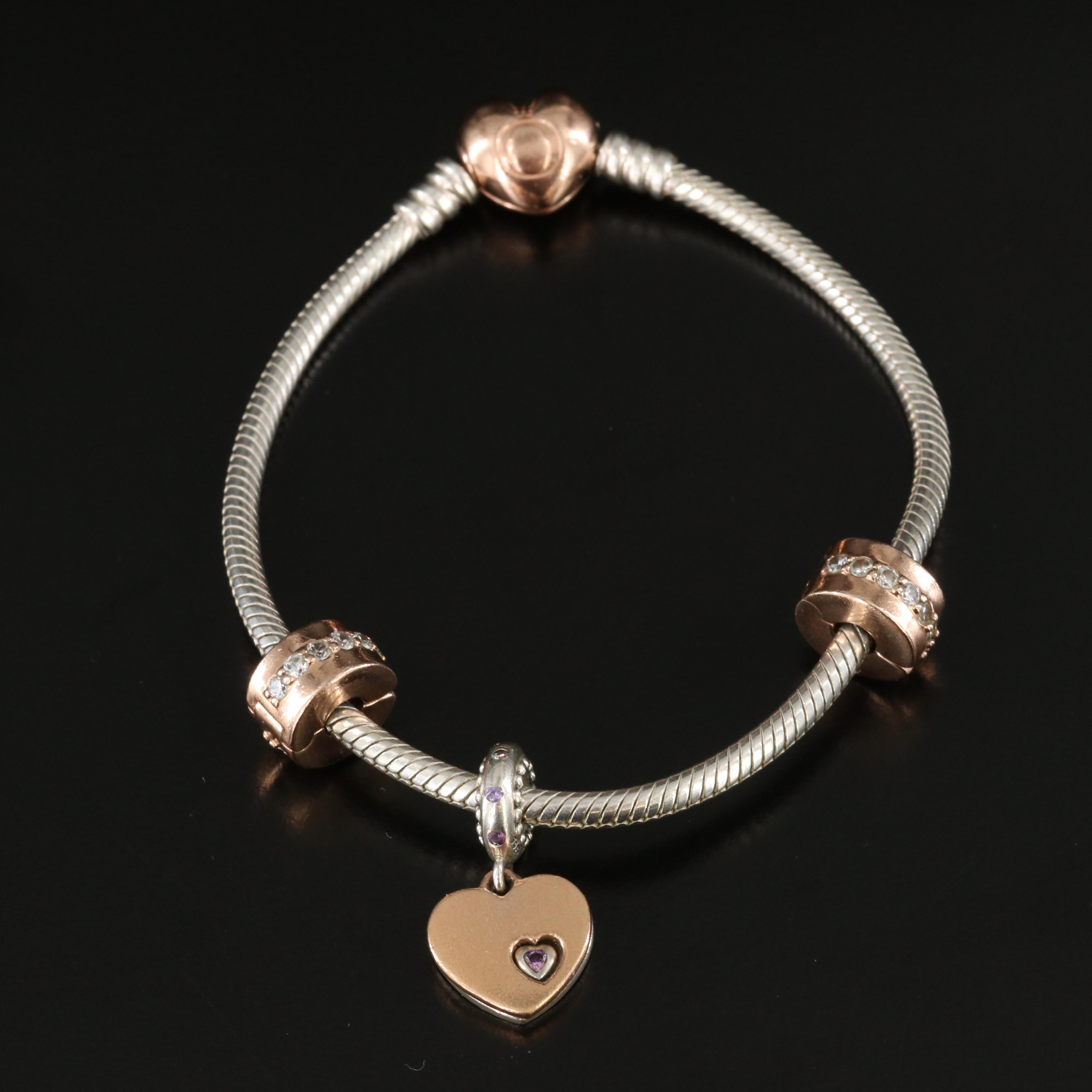 Pandora Sterling Bracelet with Rose Tone and CZ Accents