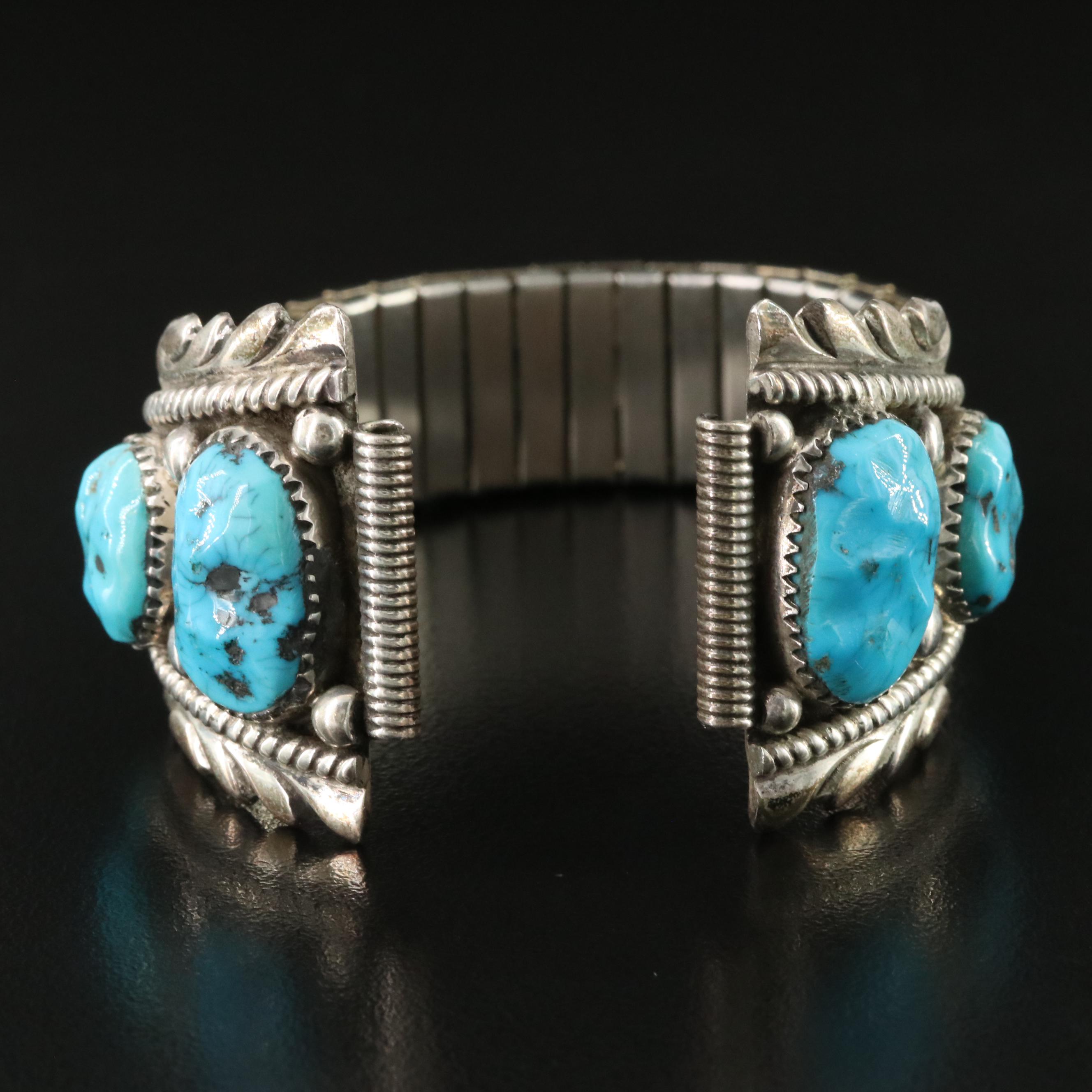 Robert Bernice Leekya Zuni Sterling Turquoise Watch Ends with Expansion Bracelet