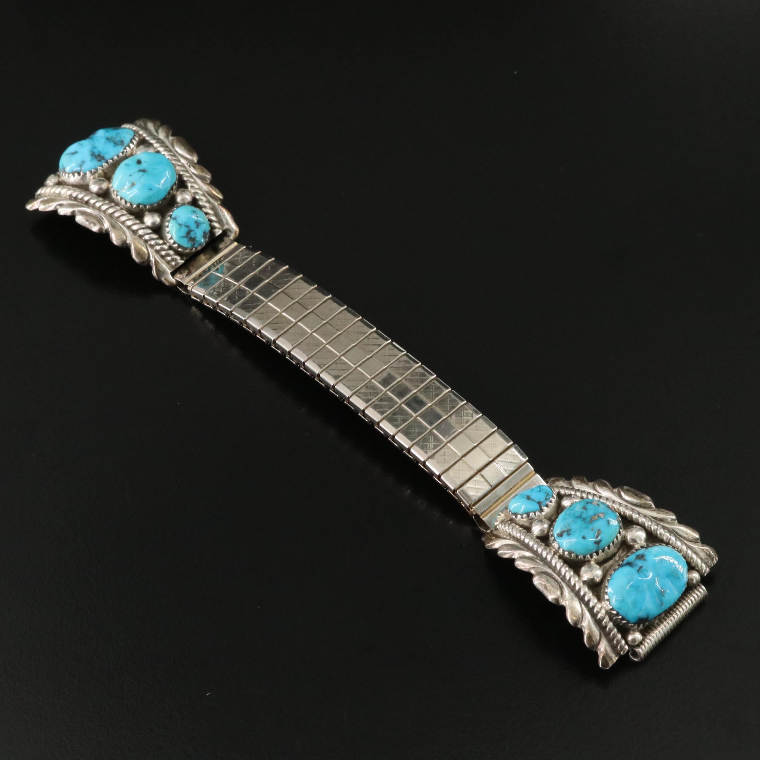 Robert Bernice Leekya Zuni Sterling Turquoise Watch Ends with Expansion Bracelet