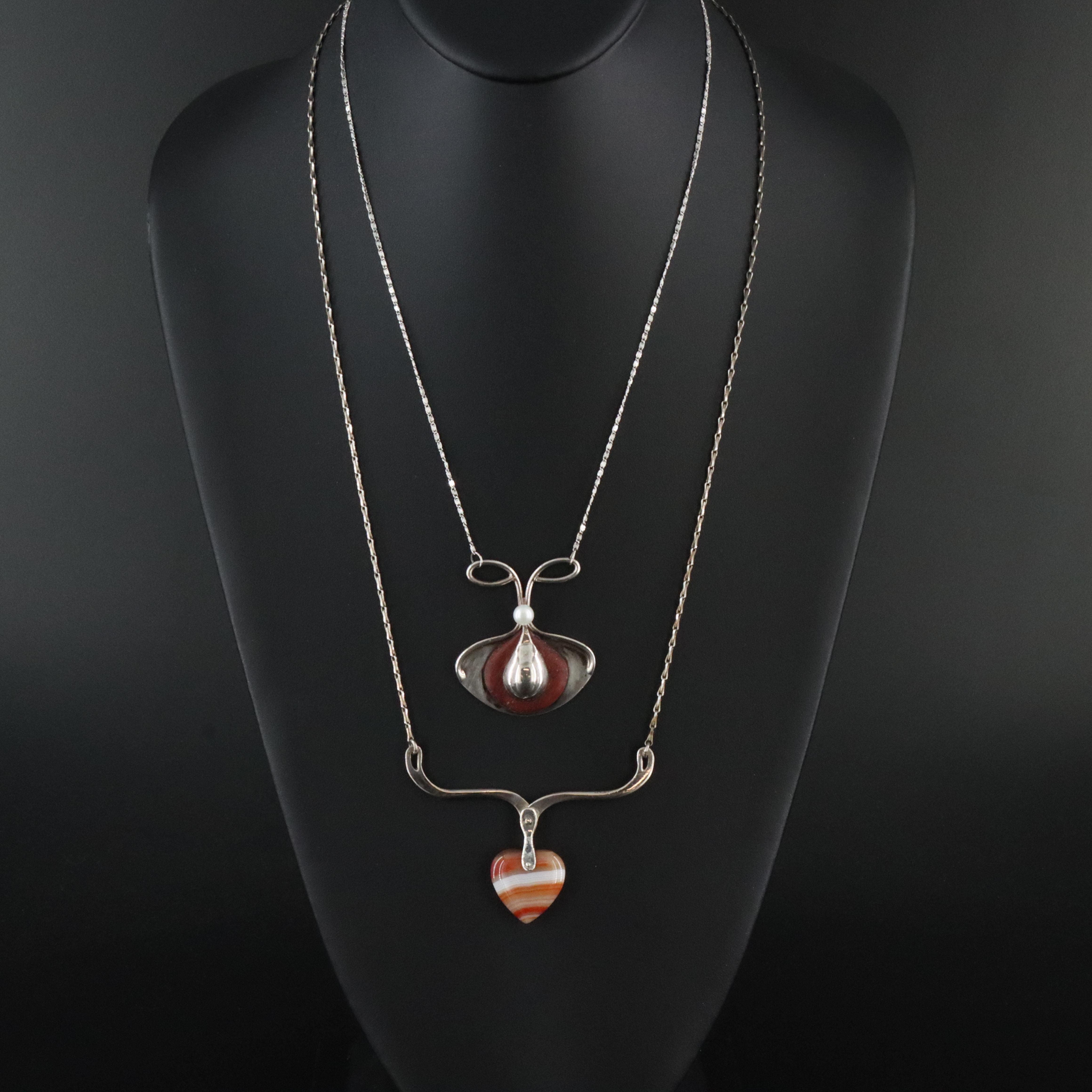Studio Style Sterling Pearl, Agate and Wood Necklaces Including Articulated