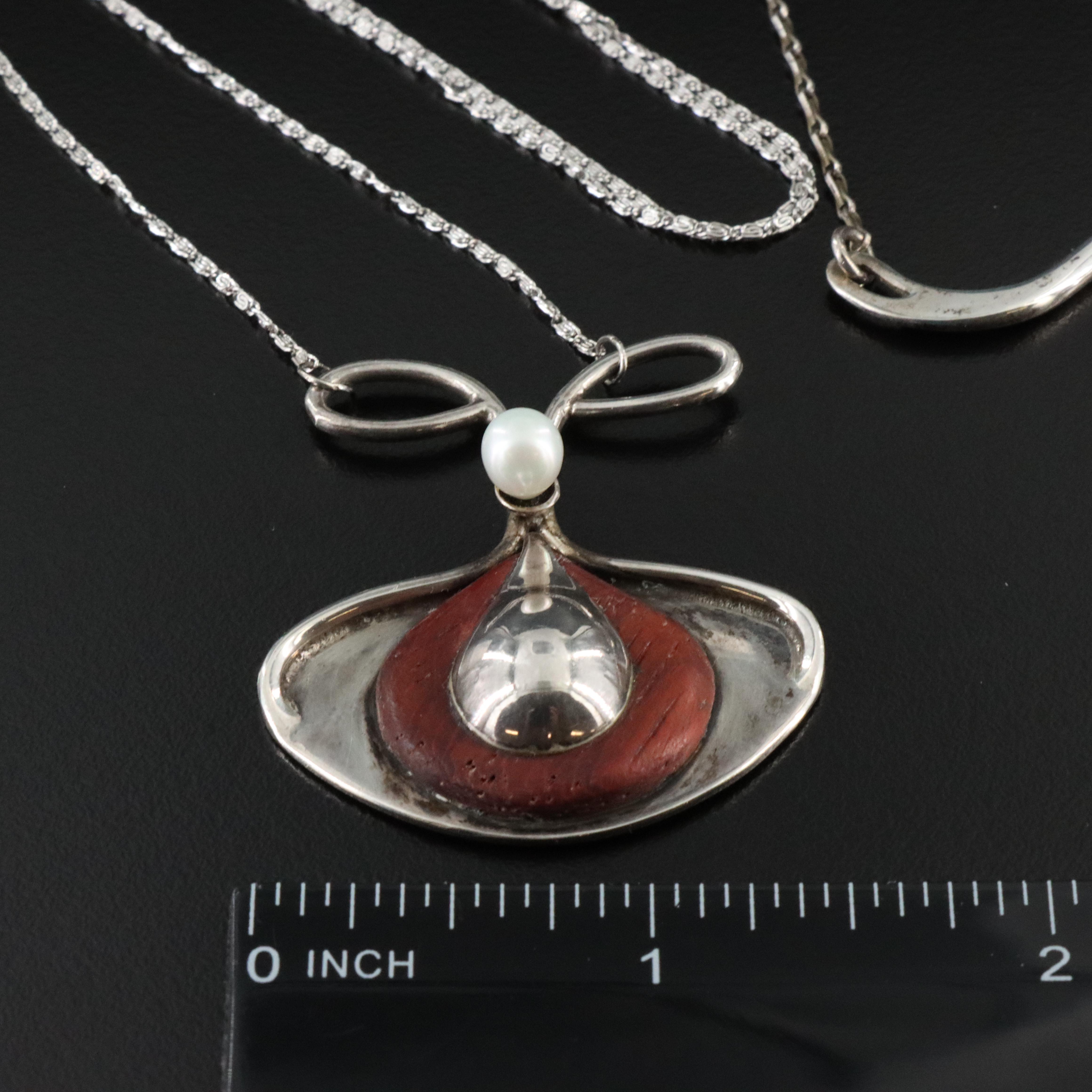 Studio Style Sterling Pearl, Agate and Wood Necklaces Including Articulated