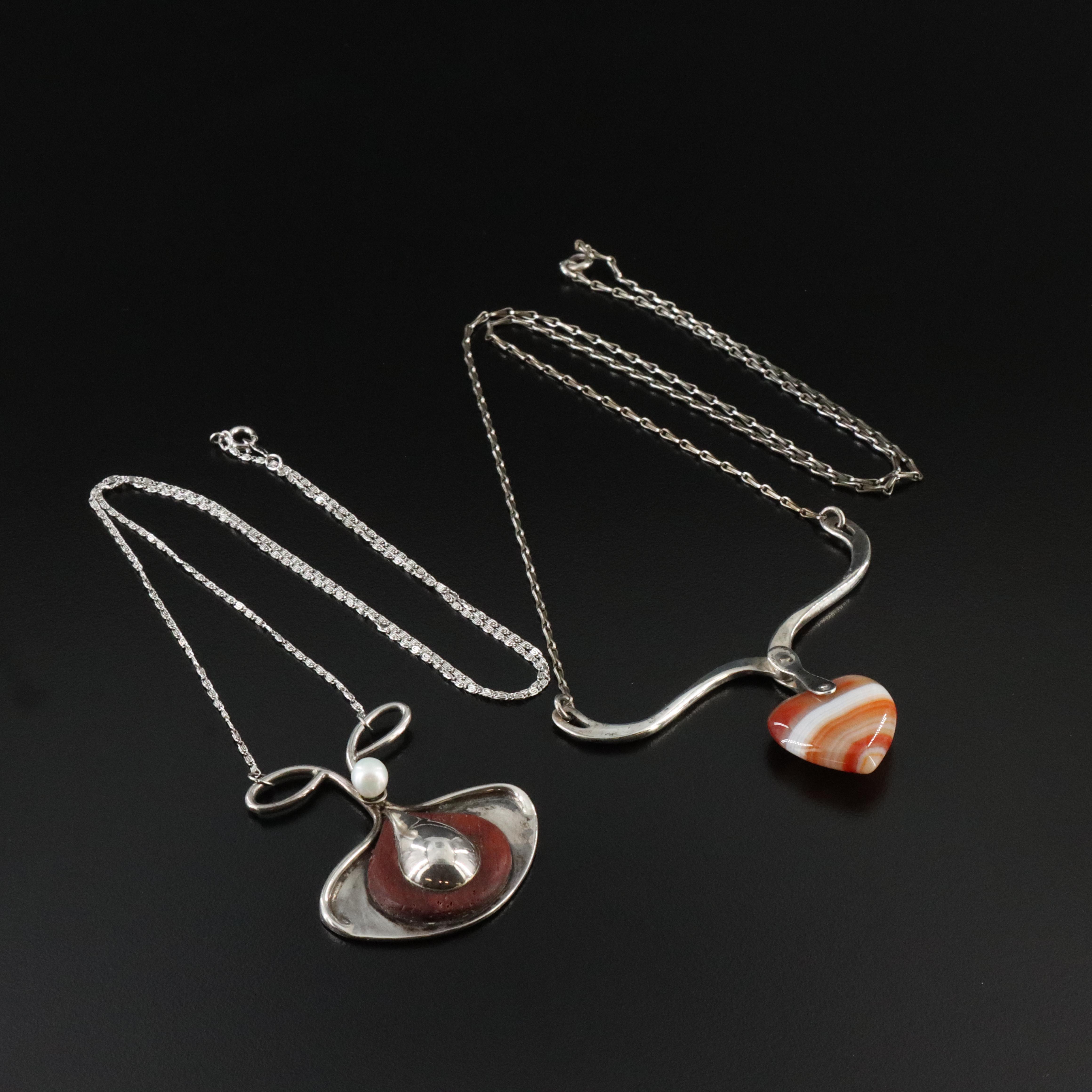 Studio Style Sterling Pearl, Agate and Wood Necklaces Including Articulated
