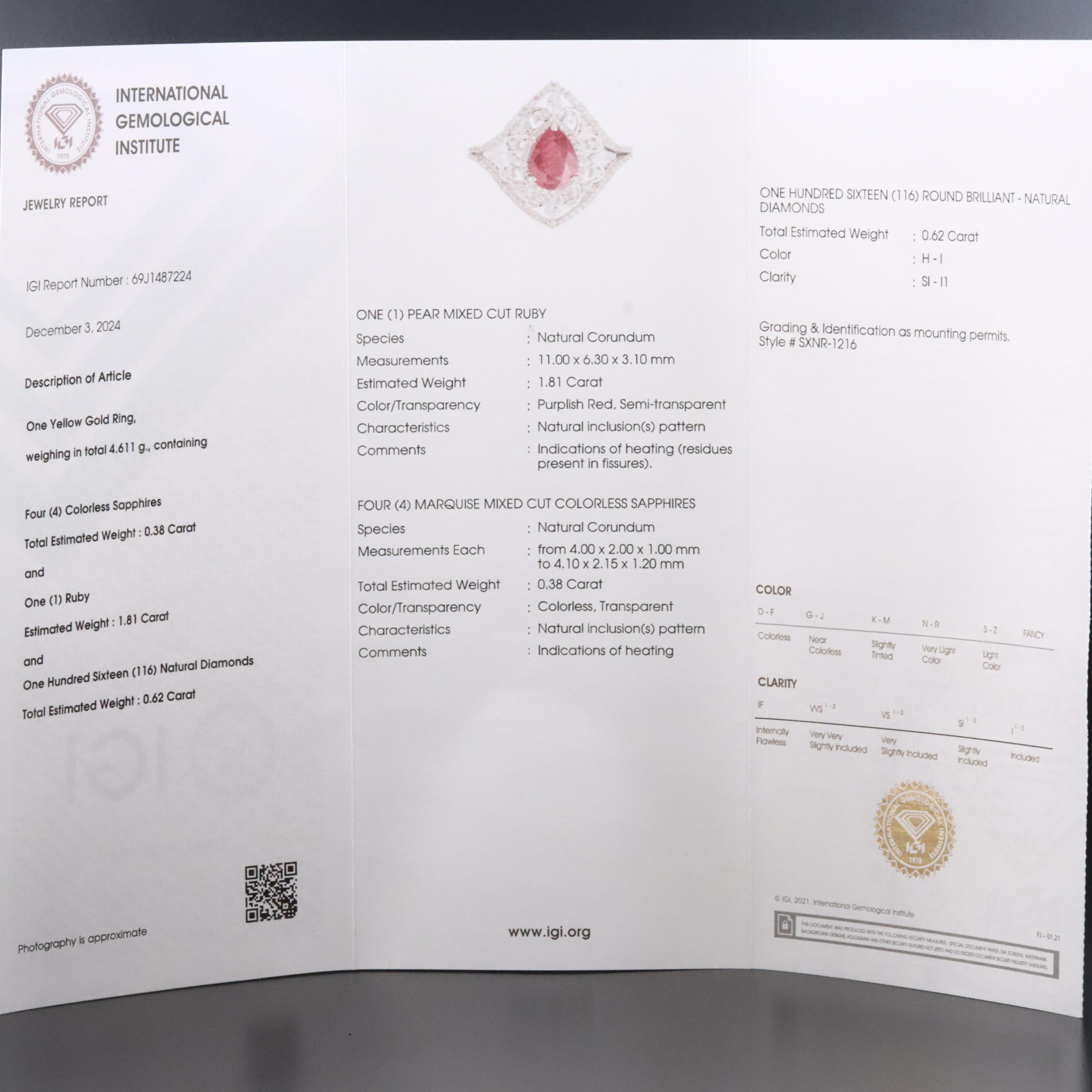 14K 1.81 CT Ruby, White Sapphire, and Diamond Ring with IGI Jewelry Report