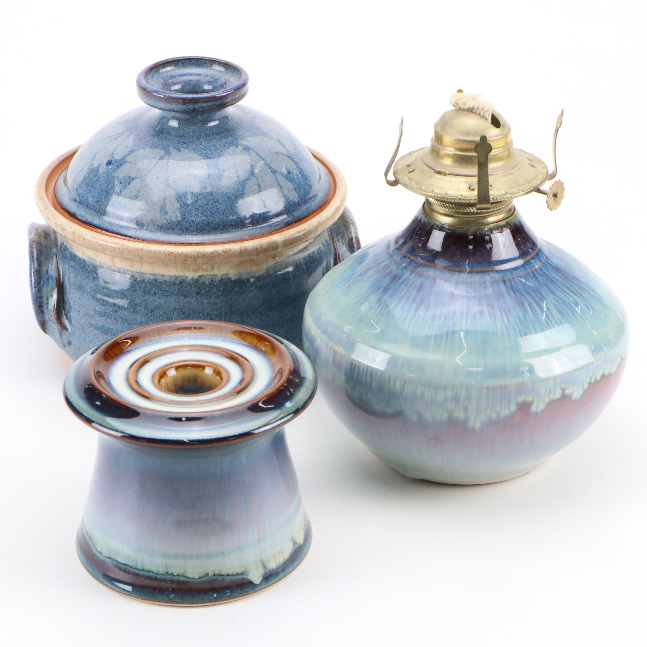 Bill Campbell Ceramic Oil Lamp and Cheri Glaser Bean Crock with Candlestick