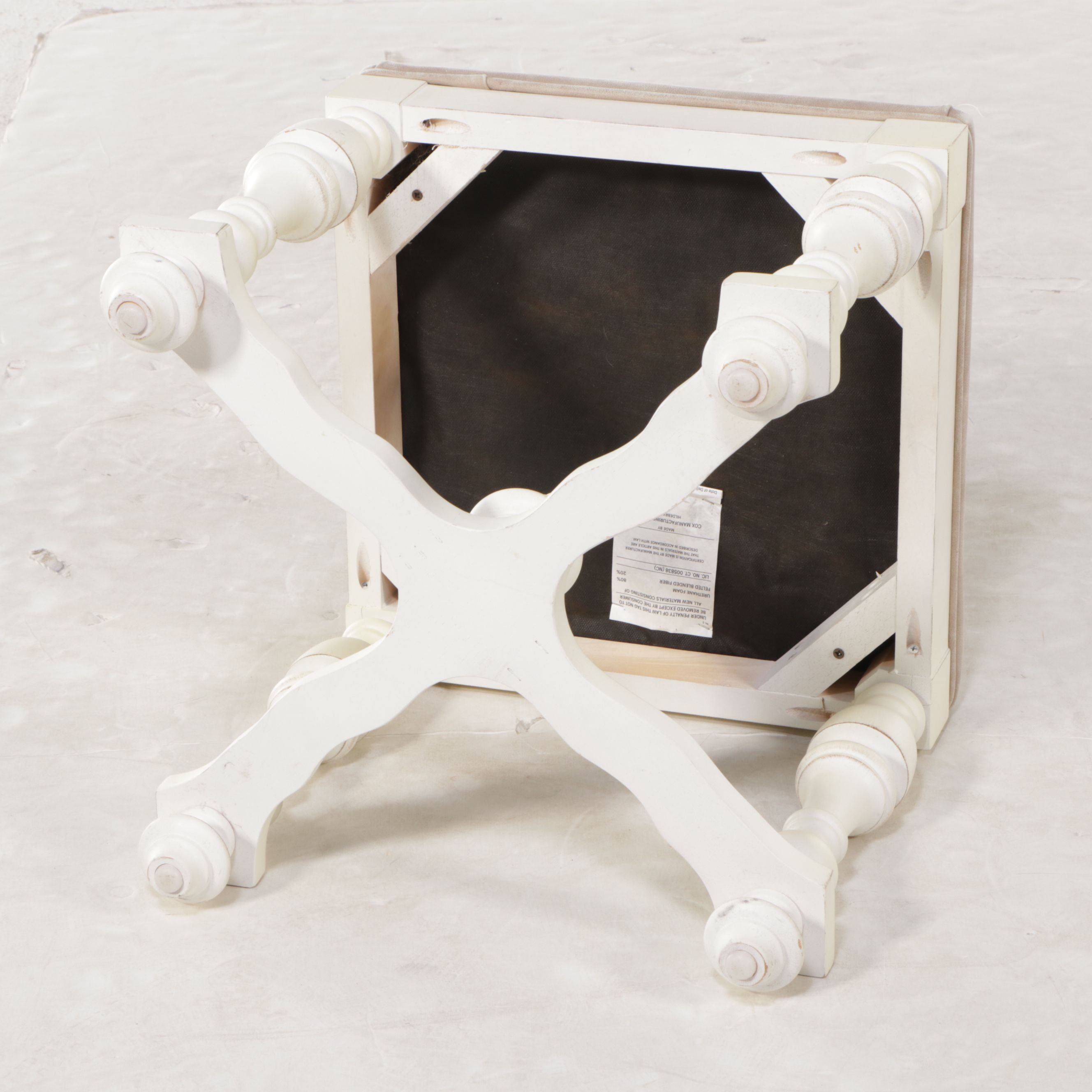 French Provincial Style Fabric Upholstered White-Painted Wood Ottoman