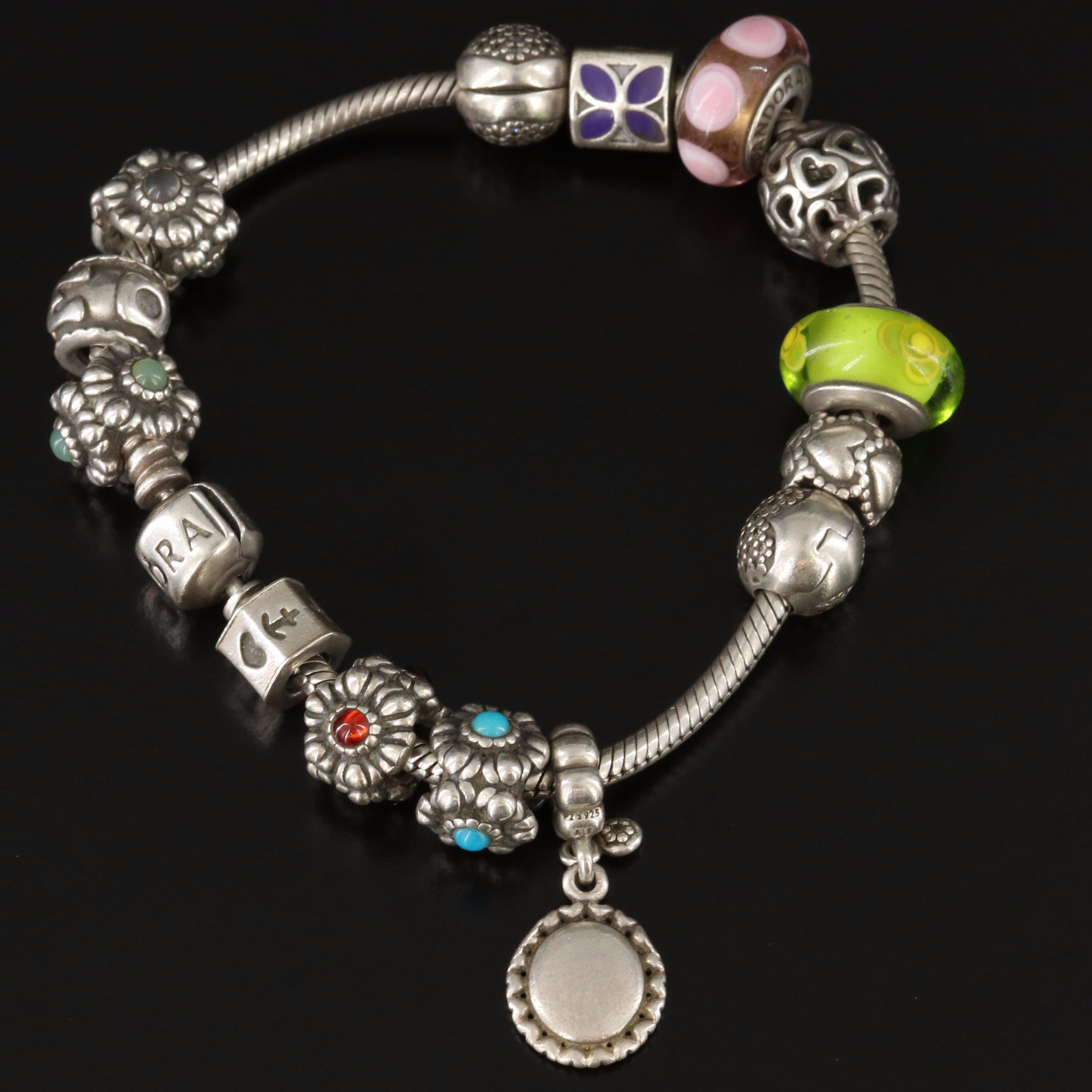 Pandora Sterling Bracelet with Charms and Lampwork Glass