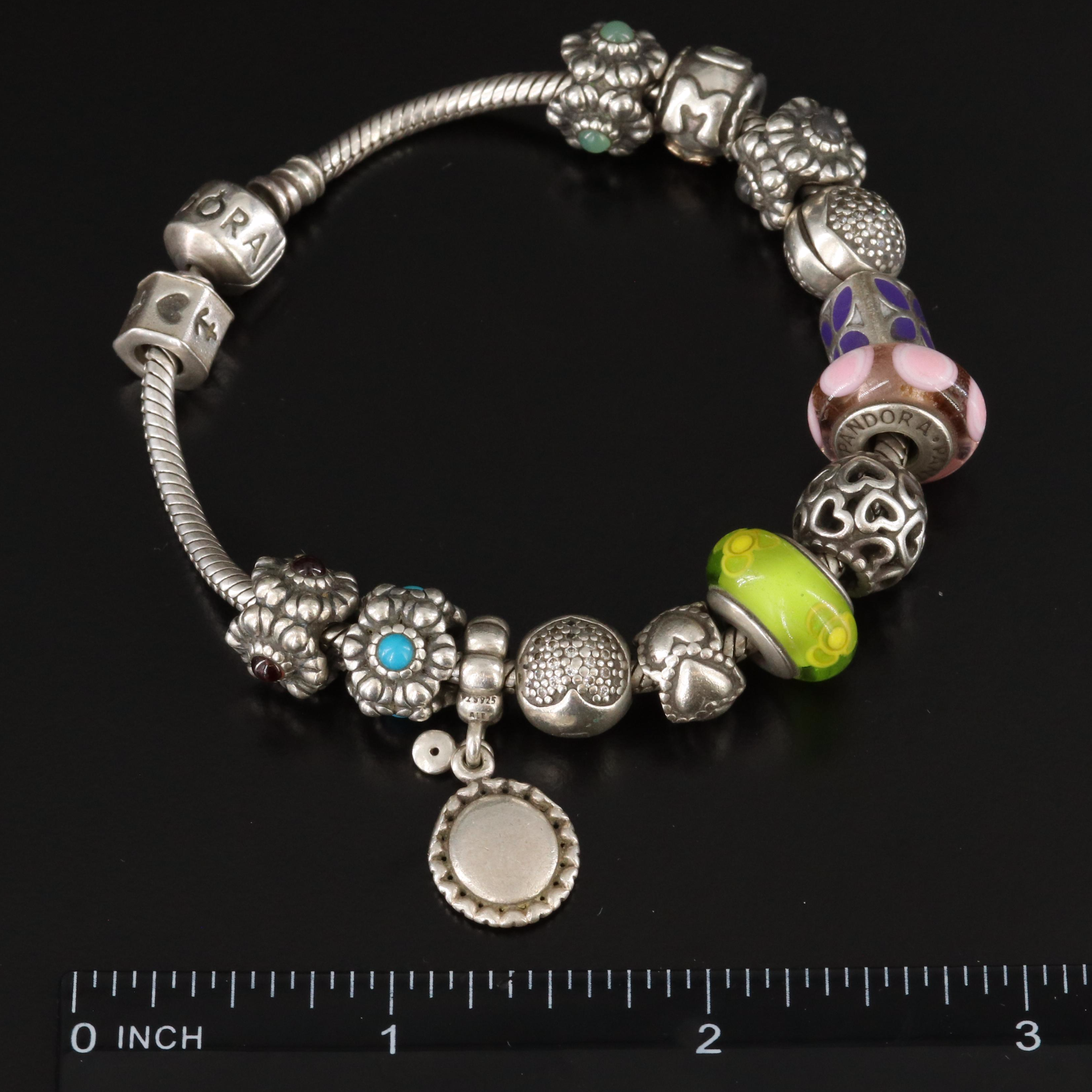 Pandora Sterling Bracelet with Charms and Lampwork Glass