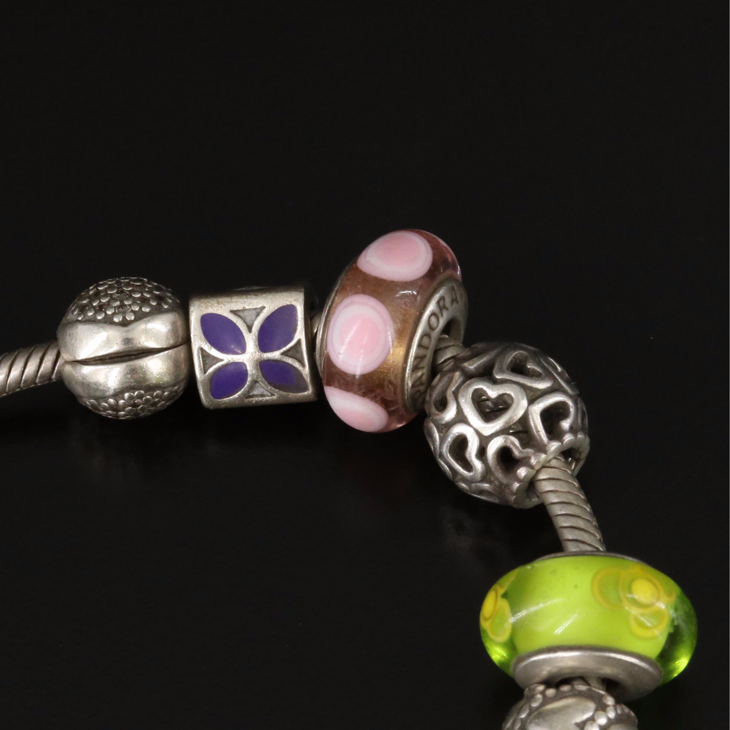 Pandora Sterling Bracelet with Charms and Lampwork Glass