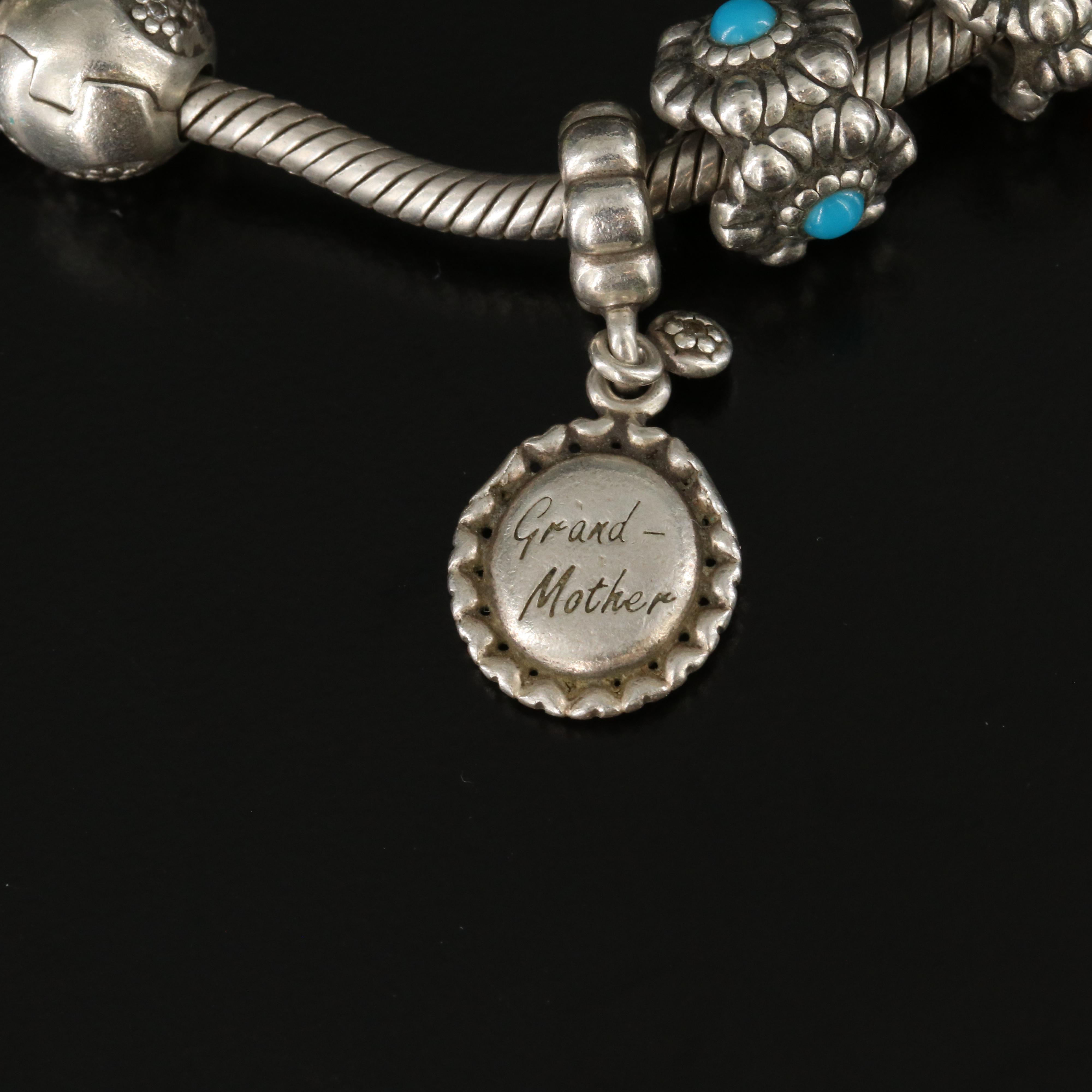 Pandora Sterling Bracelet with Charms and Lampwork Glass