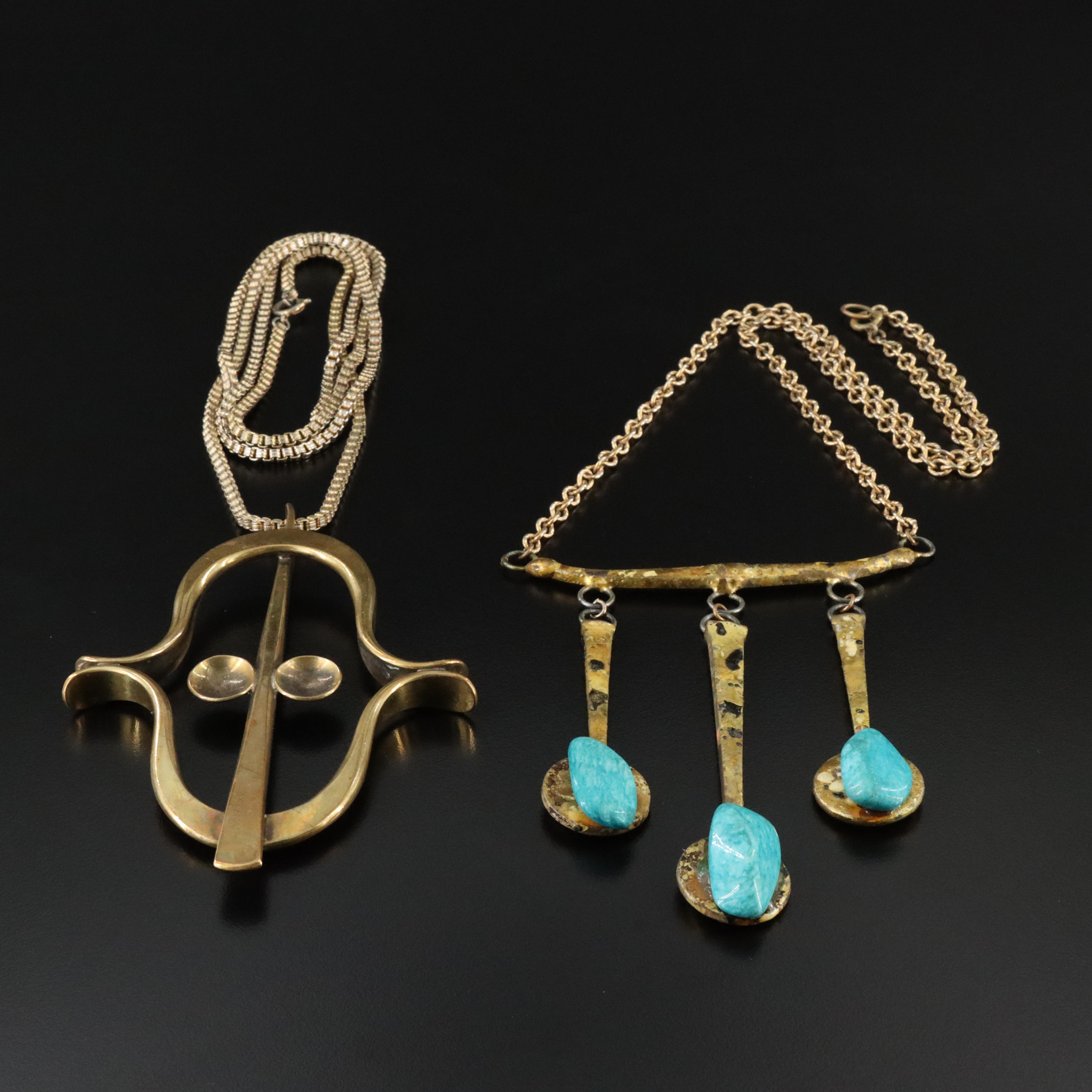 Brutalist Style Brass Pendant Necklaces Including Amazonite