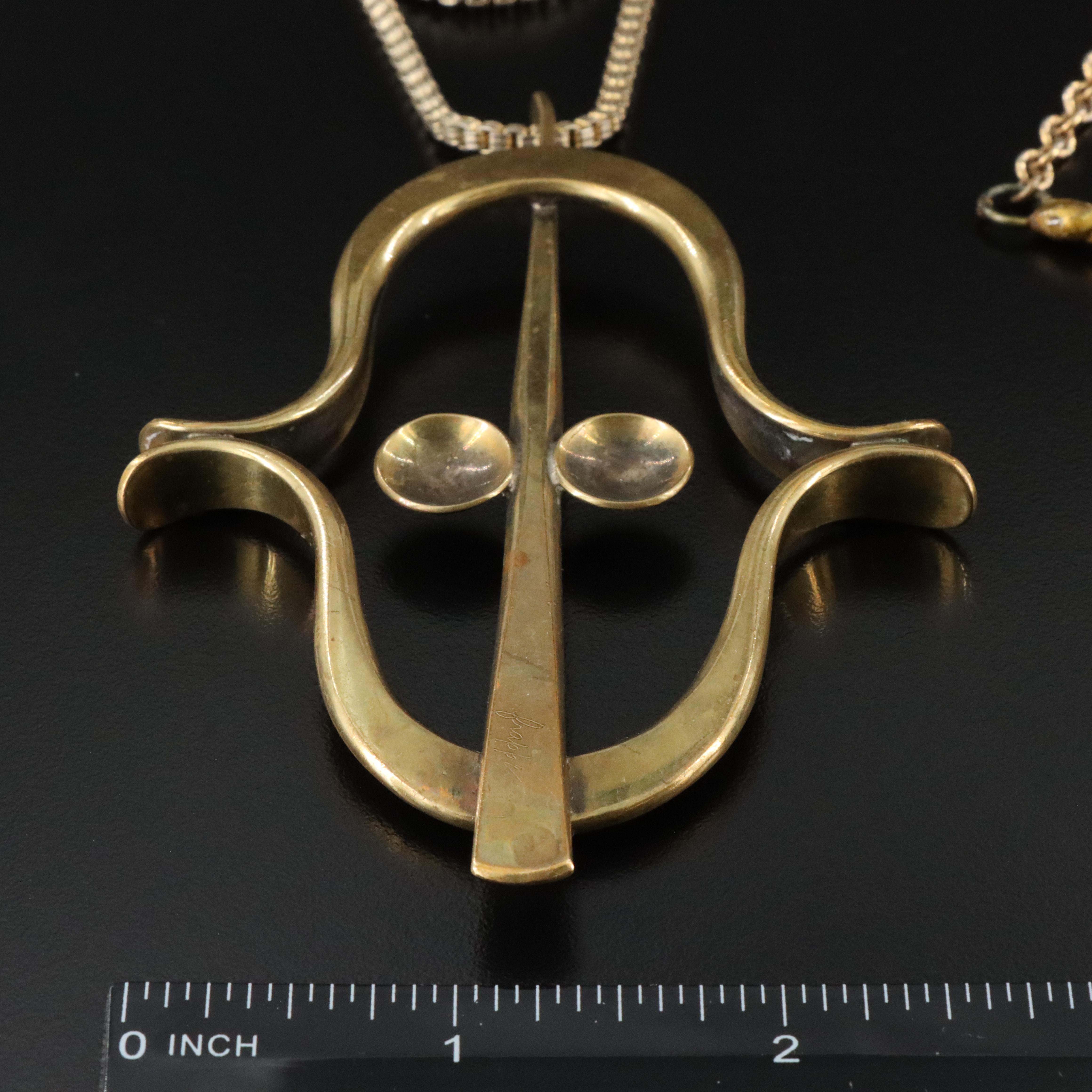 Brutalist Style Brass Pendant Necklaces Including Amazonite