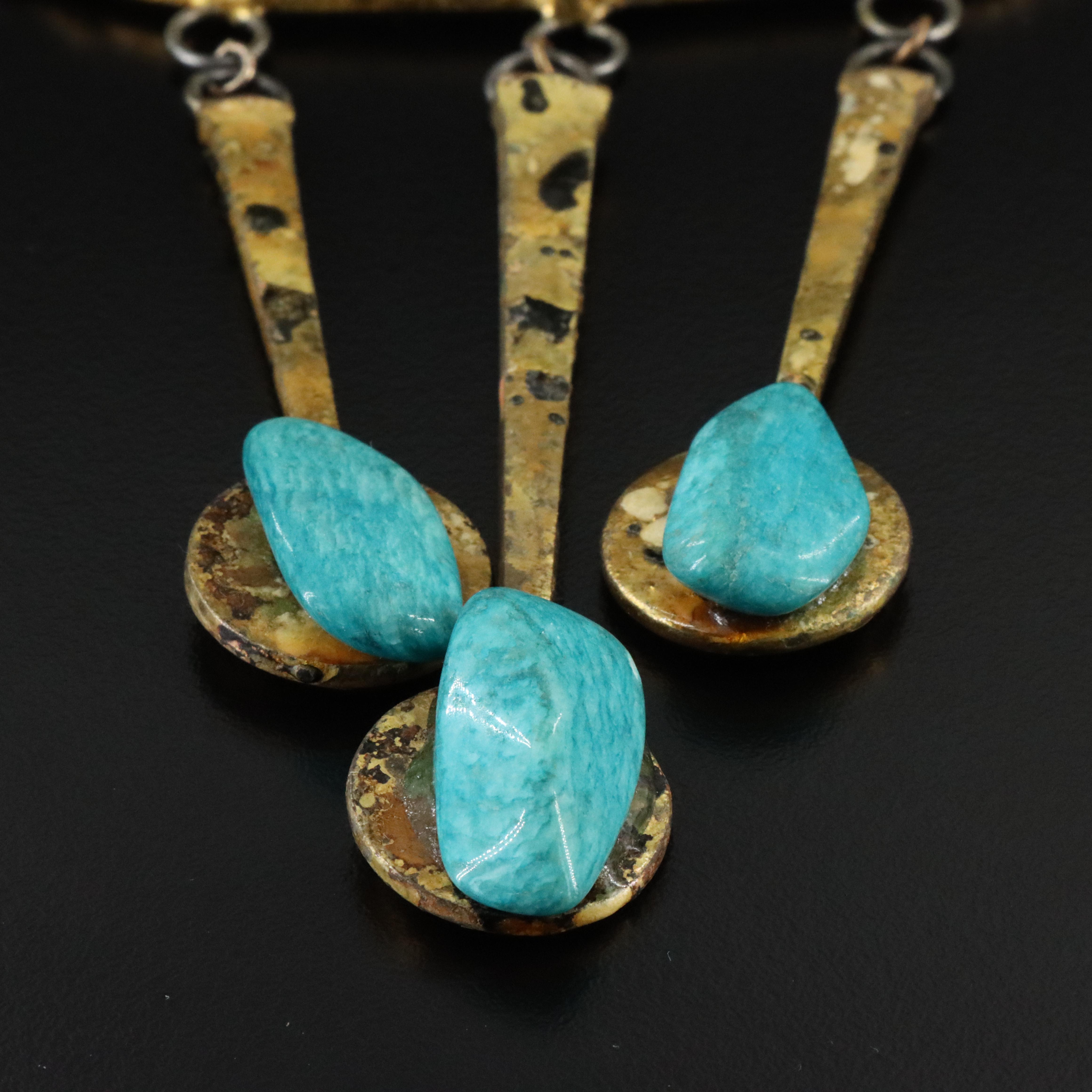 Brutalist Style Brass Pendant Necklaces Including Amazonite