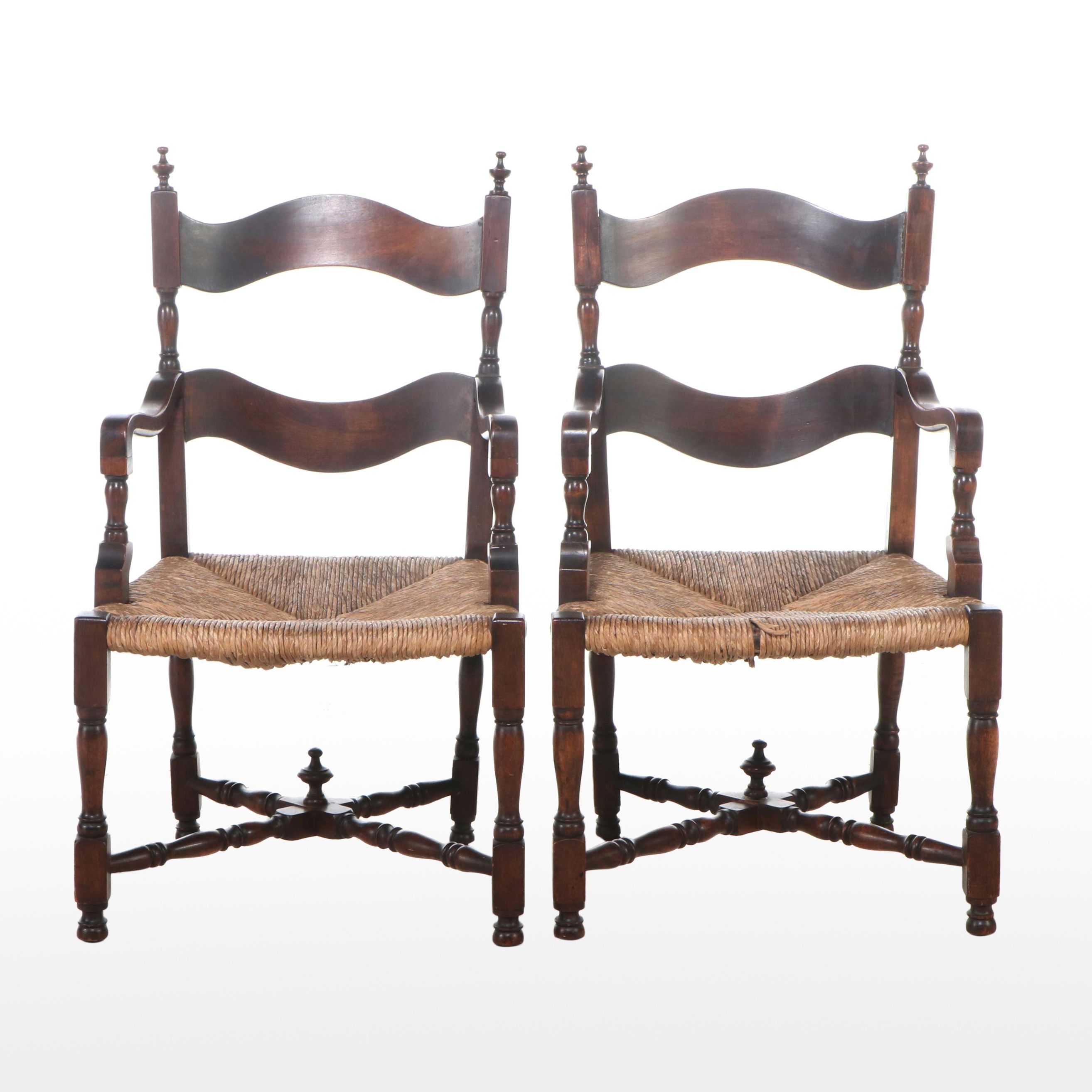 Pair of Jacobean Revival Ladderback Armchairs with Rush Seats, 19th Century
