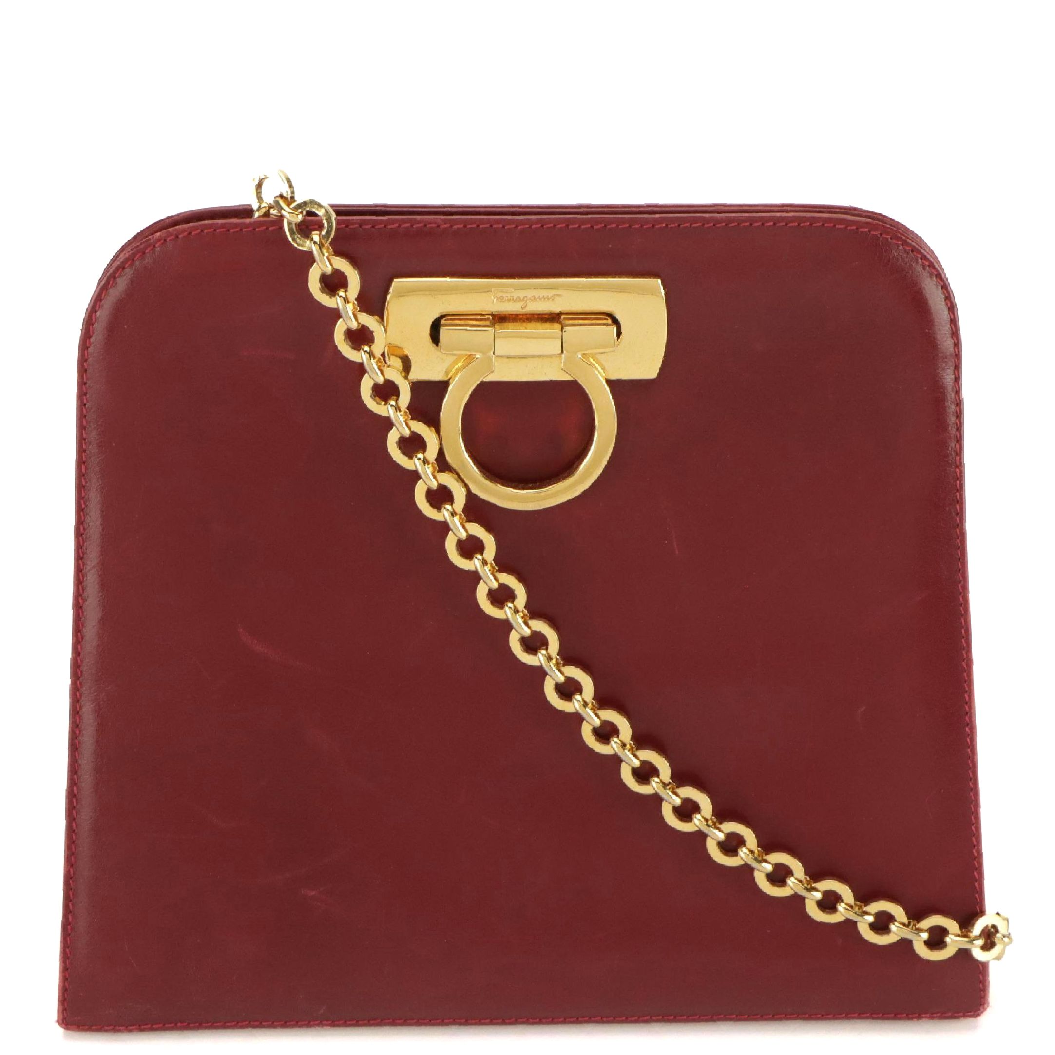 Salvatore Ferragamo Gancini-Lock Chain Strap Bag in Deep Red Calfskin Leather