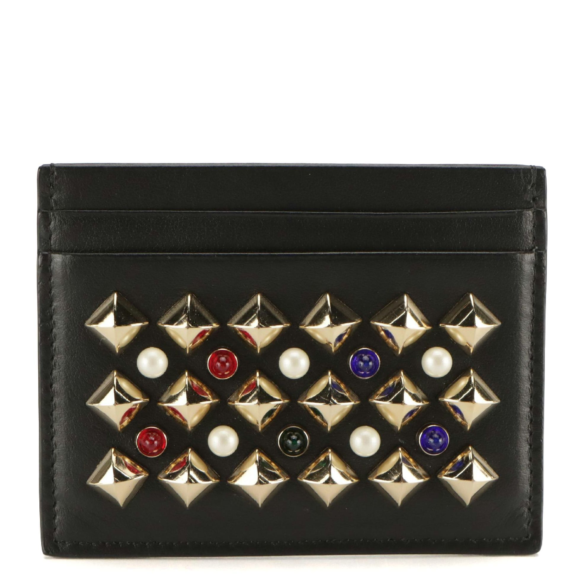 Christian Louboutin Panettone Spiked Card Case in Black Calfskin Leather