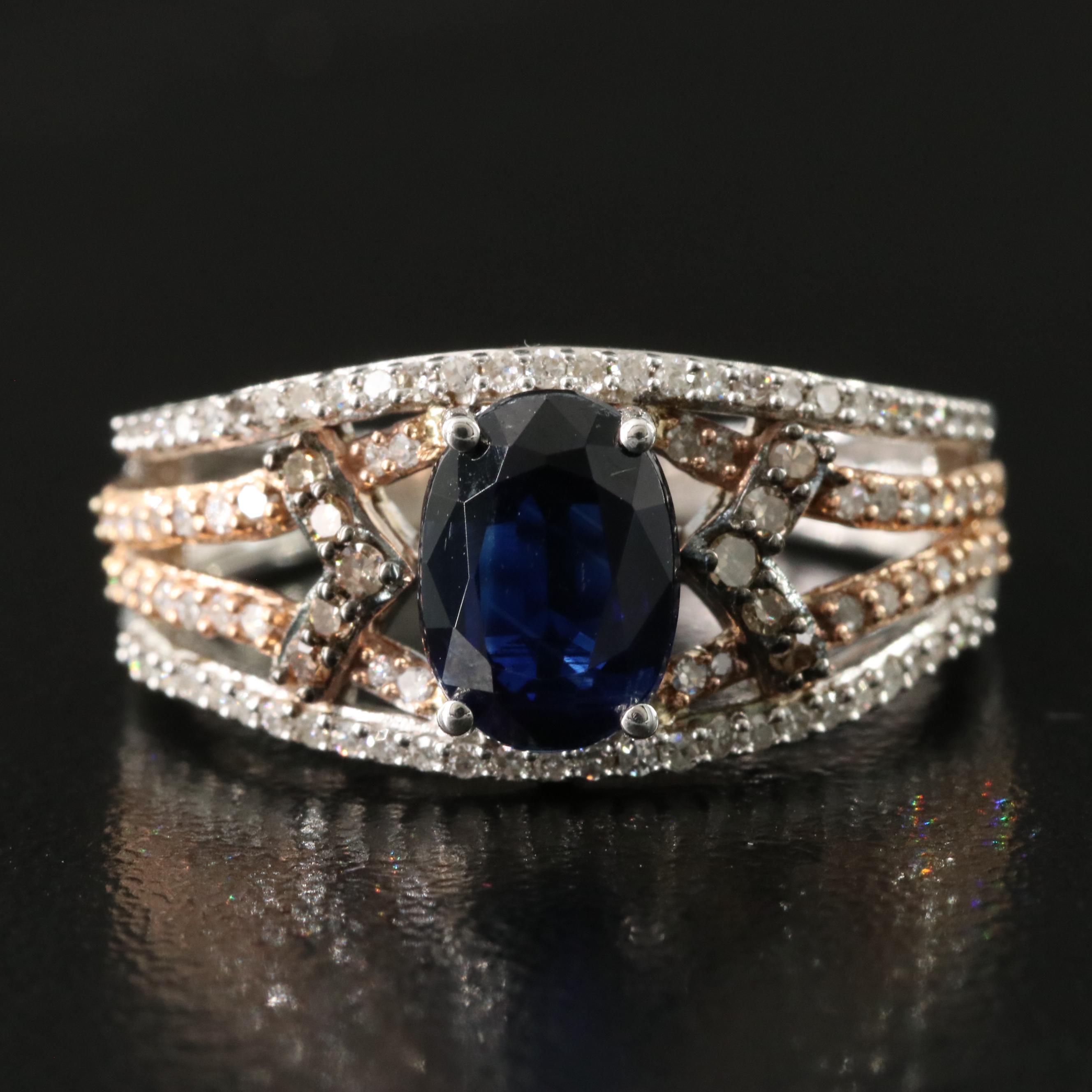 Sterling Sapphire and Diamond Ring with 14K Rose Gold and Fancy Diamond Accents