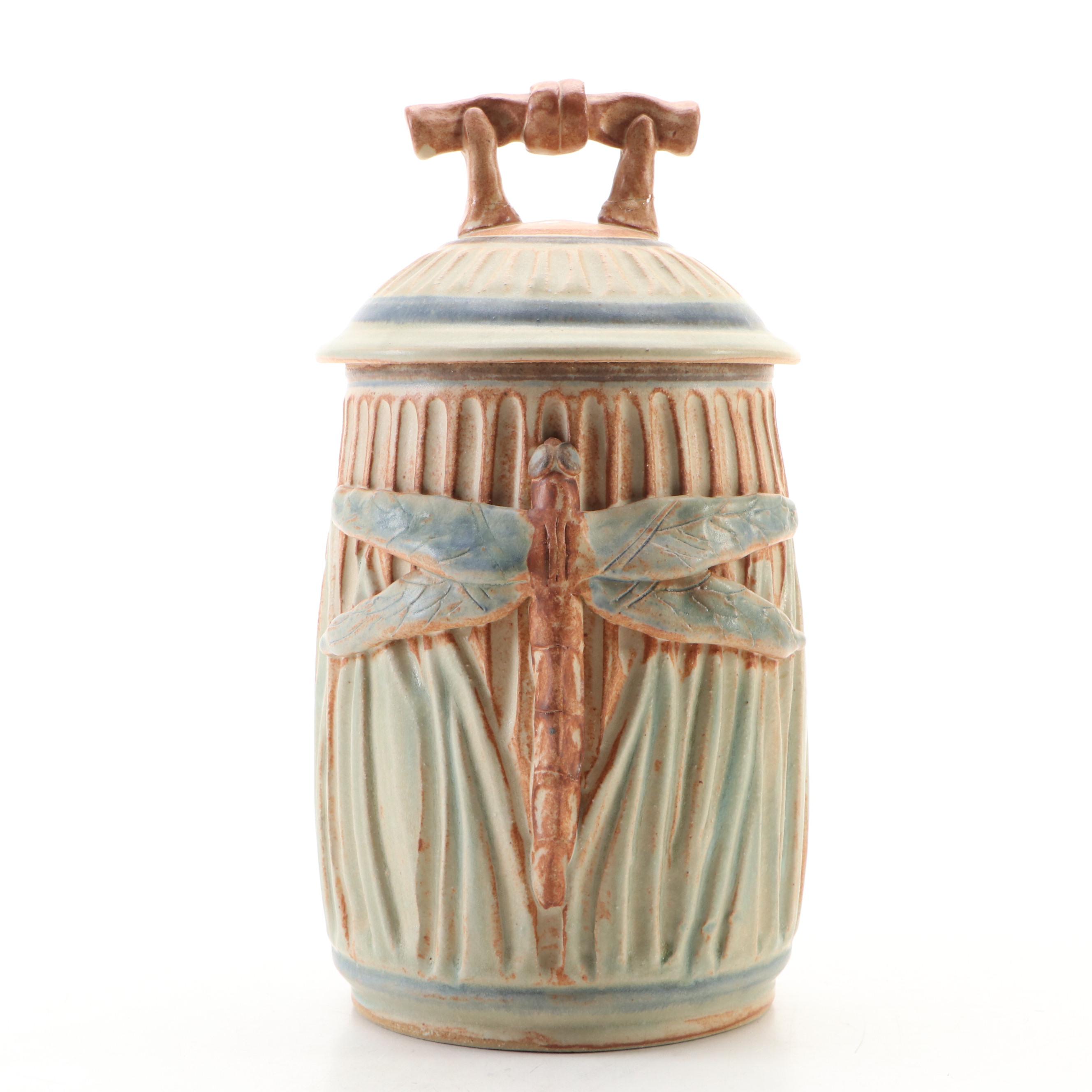 Dick Overman Handcrafted Dragonfly Stoneware Lidded Jar