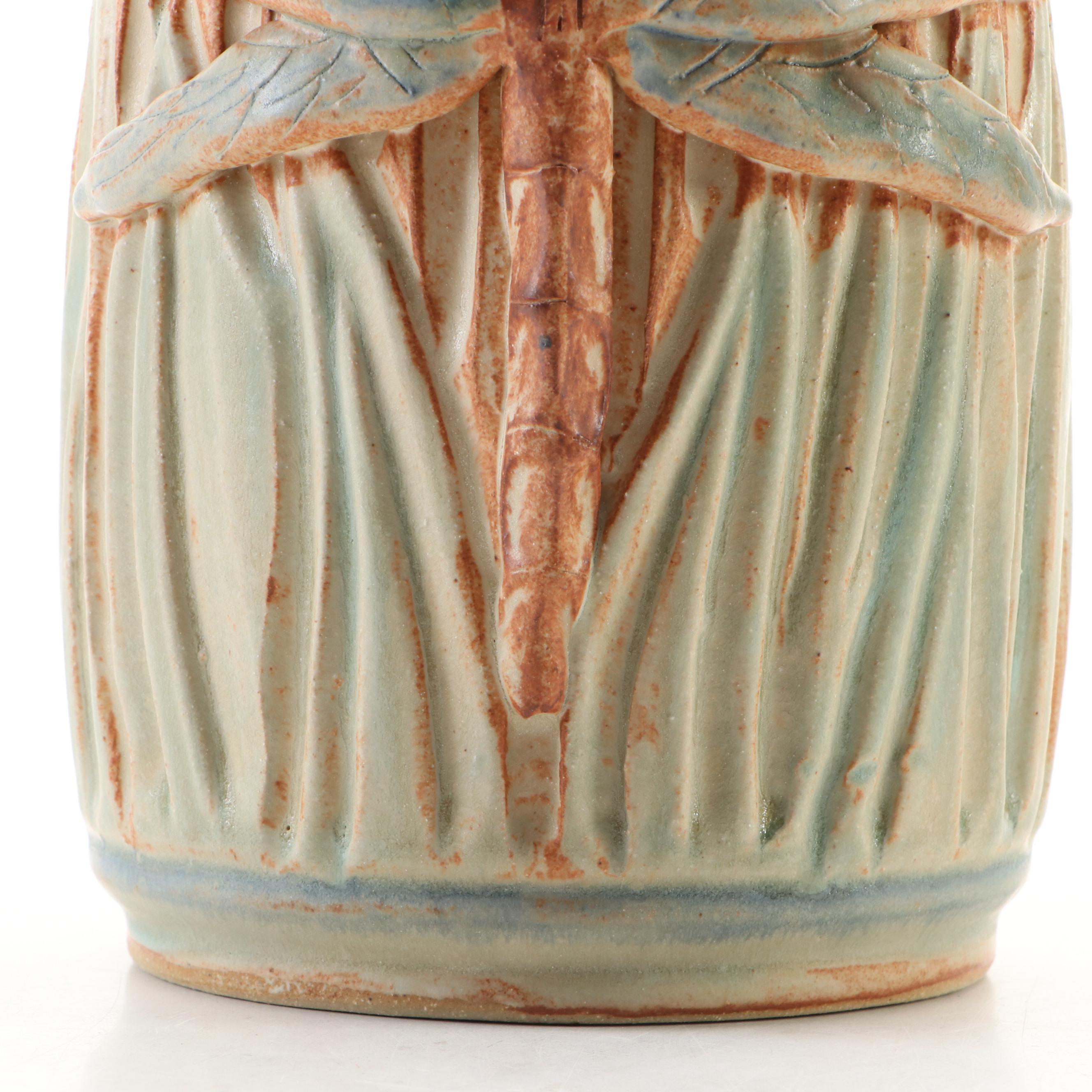Dick Overman Handcrafted Dragonfly Stoneware Lidded Jar