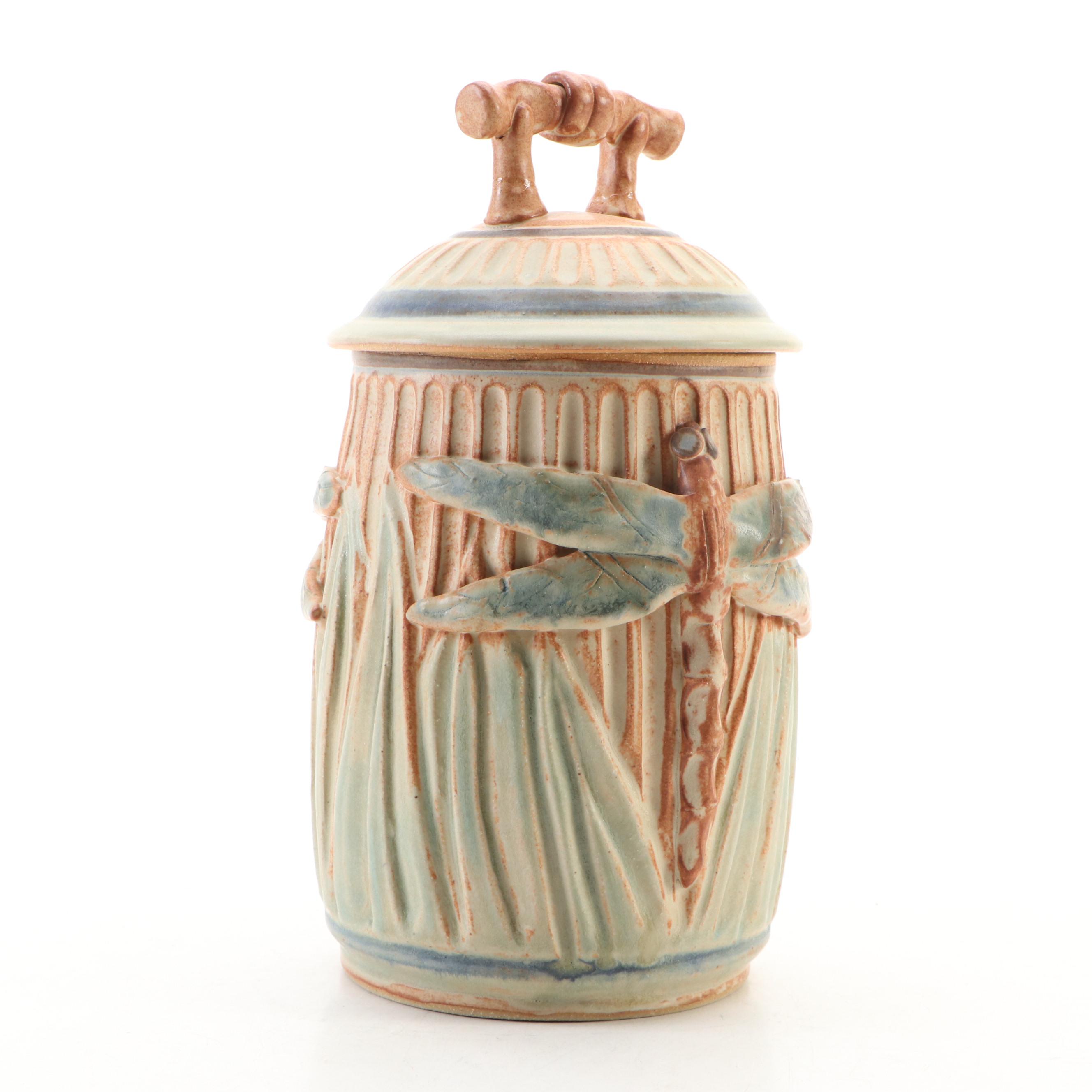 Dick Overman Handcrafted Dragonfly Stoneware Lidded Jar