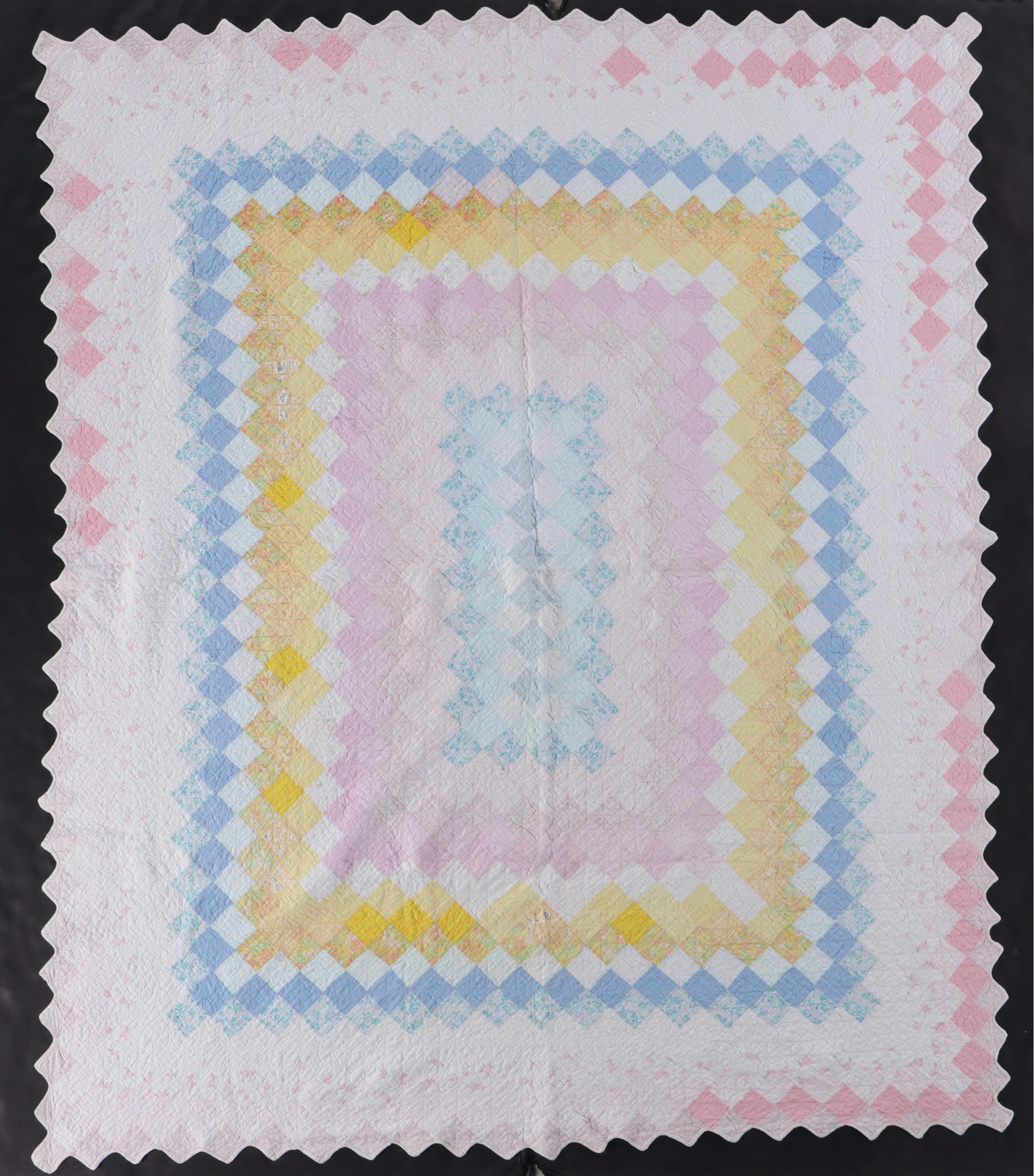 Hand-Pieced Antique "Double Wedding Ring" with "Trip Around The World" Quilts