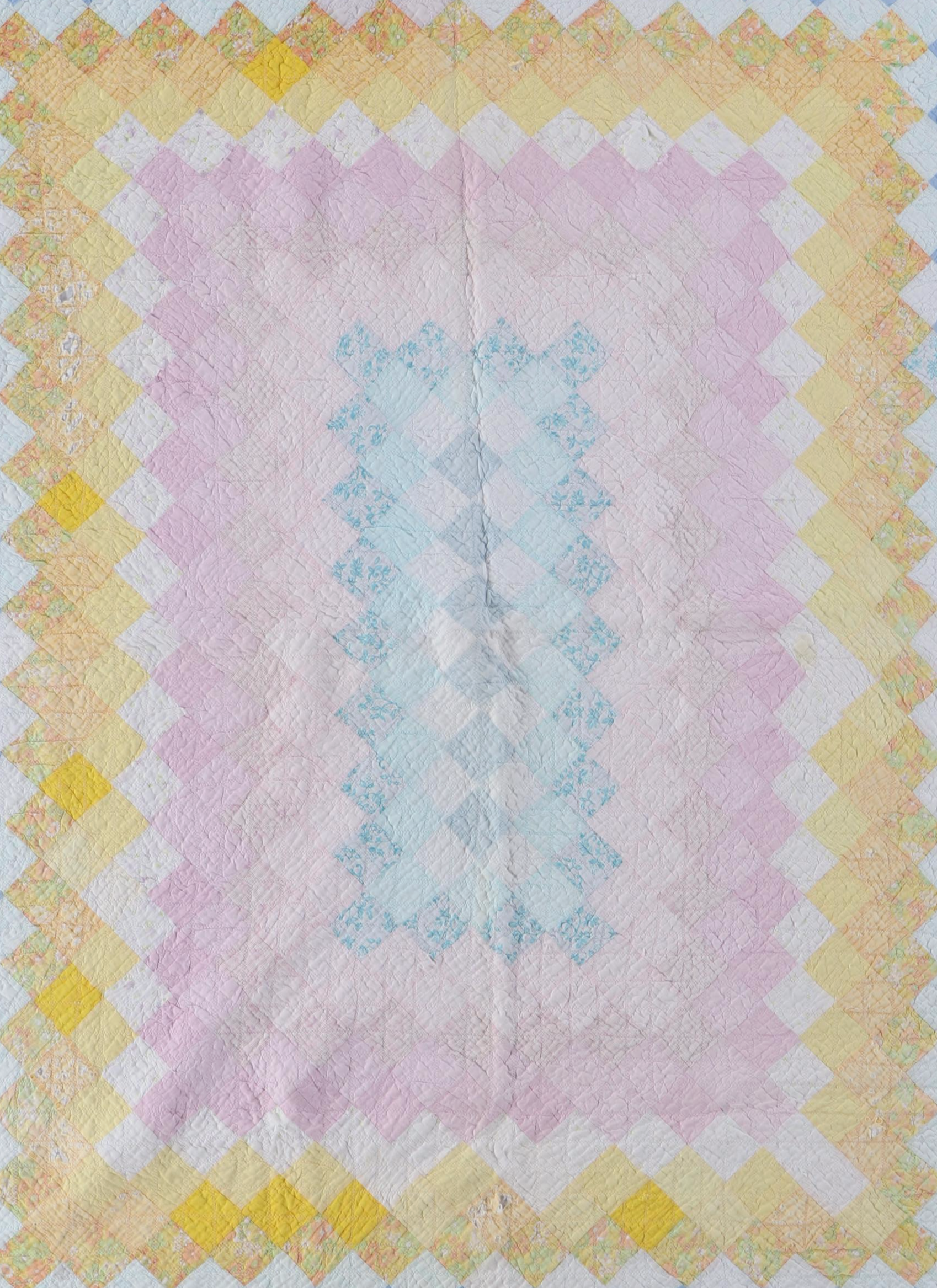 Hand-Pieced Antique "Double Wedding Ring" with "Trip Around The World" Quilts