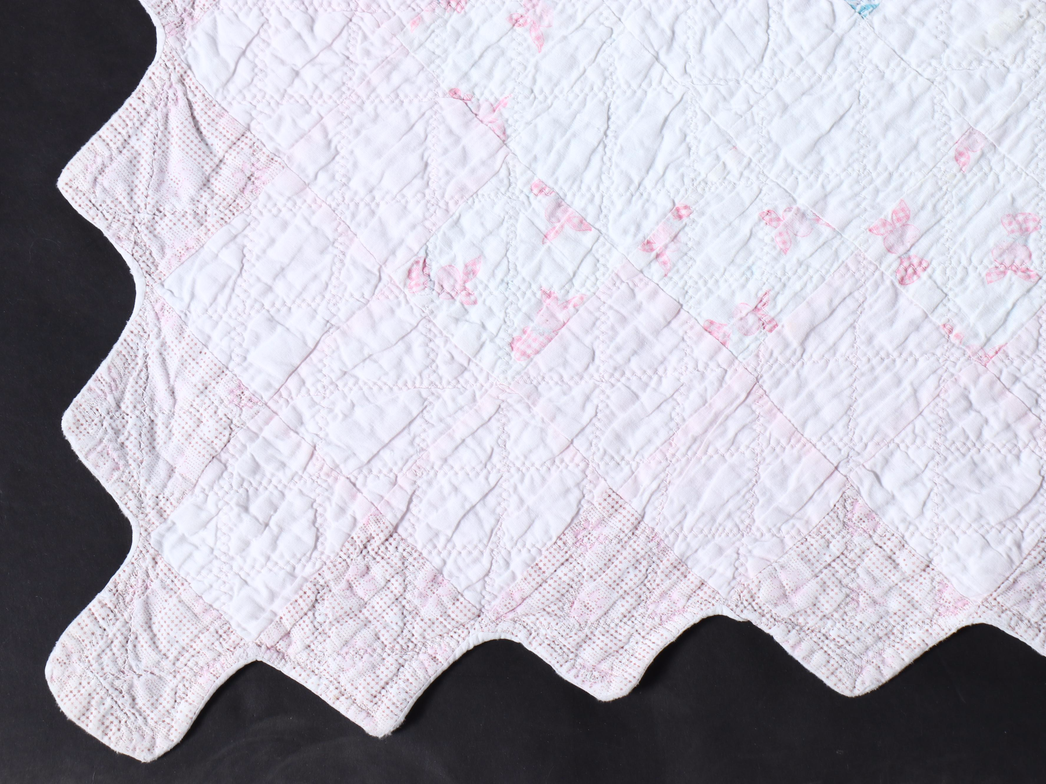 Hand-Pieced Antique "Double Wedding Ring" with "Trip Around The World" Quilts