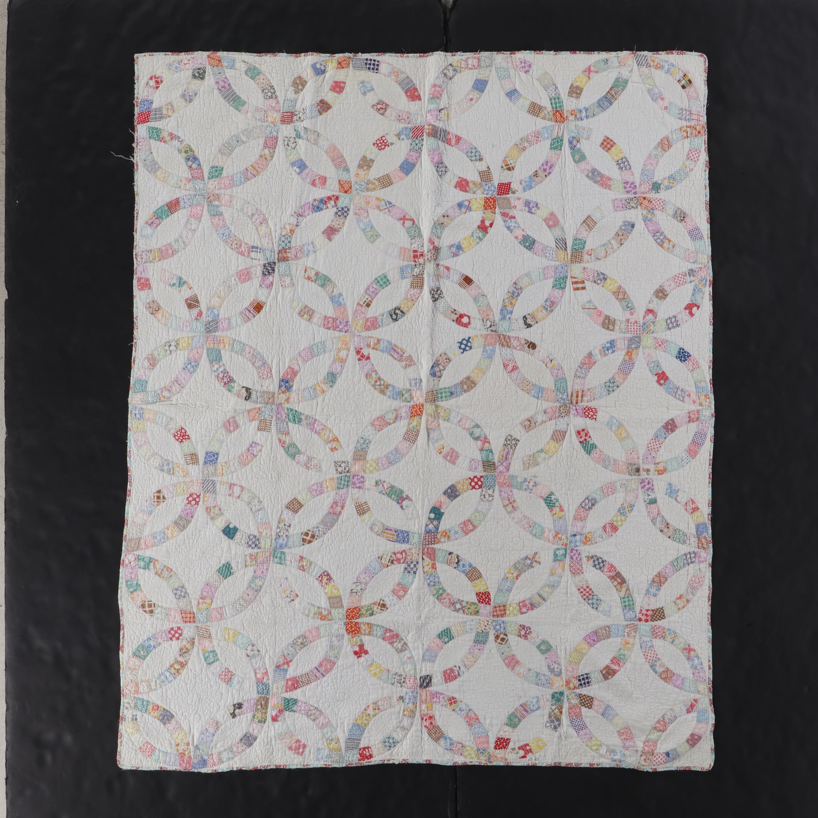 Hand-Pieced Antique "Double Wedding Ring" with "Trip Around The World" Quilts