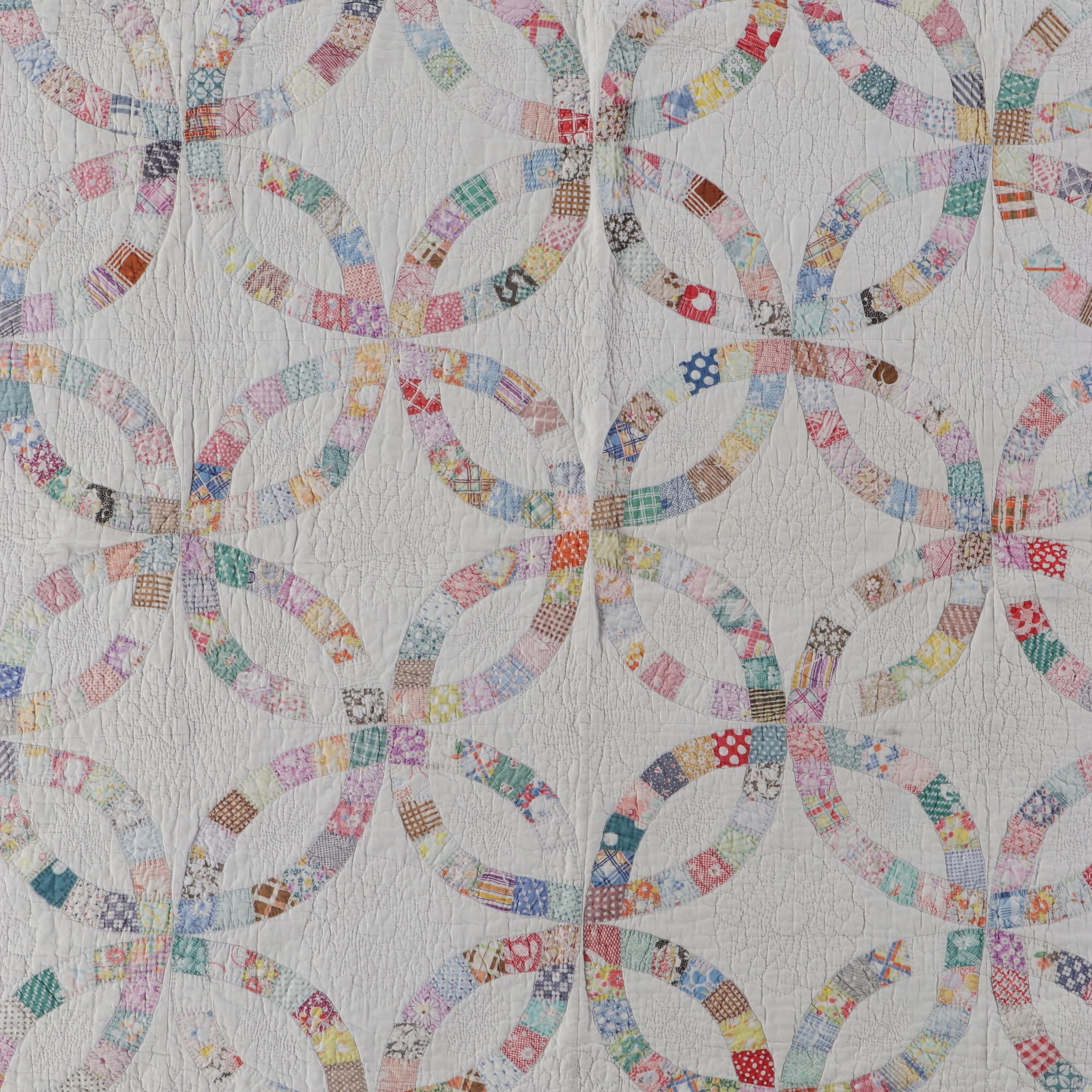 Hand-Pieced Antique "Double Wedding Ring" with "Trip Around The World" Quilts