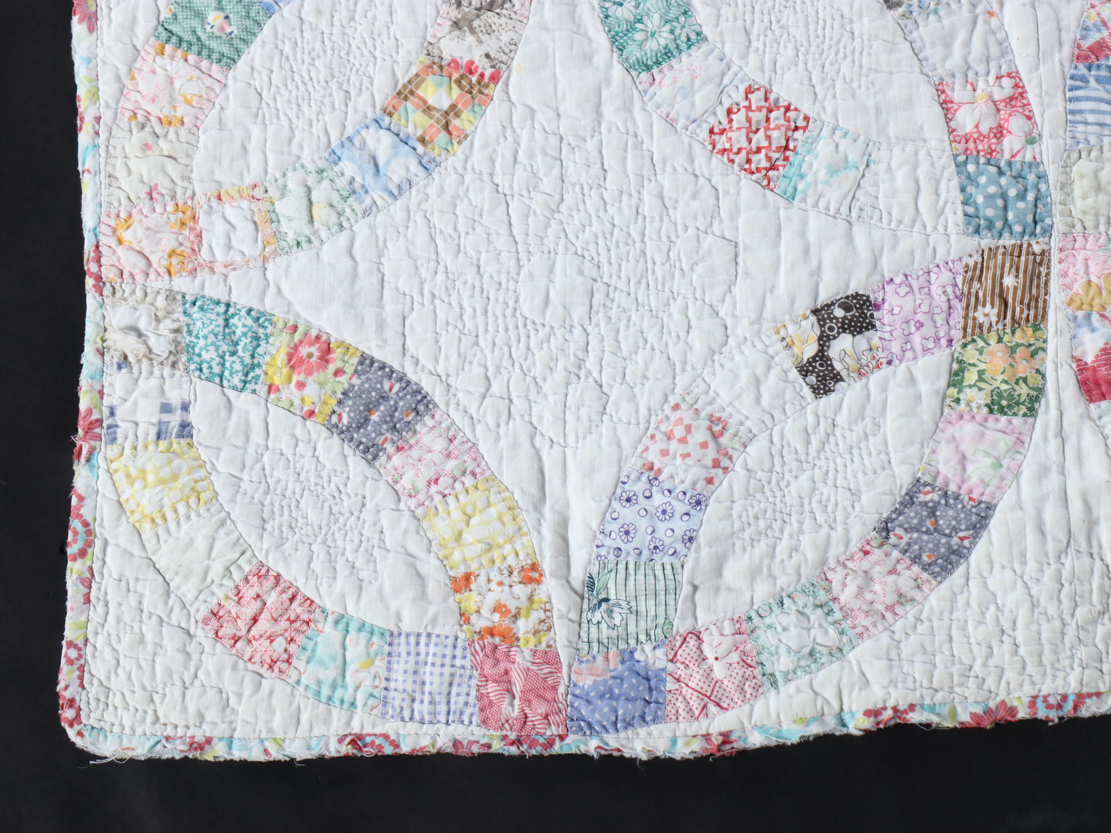 Hand-Pieced Antique "Double Wedding Ring" with "Trip Around The World" Quilts