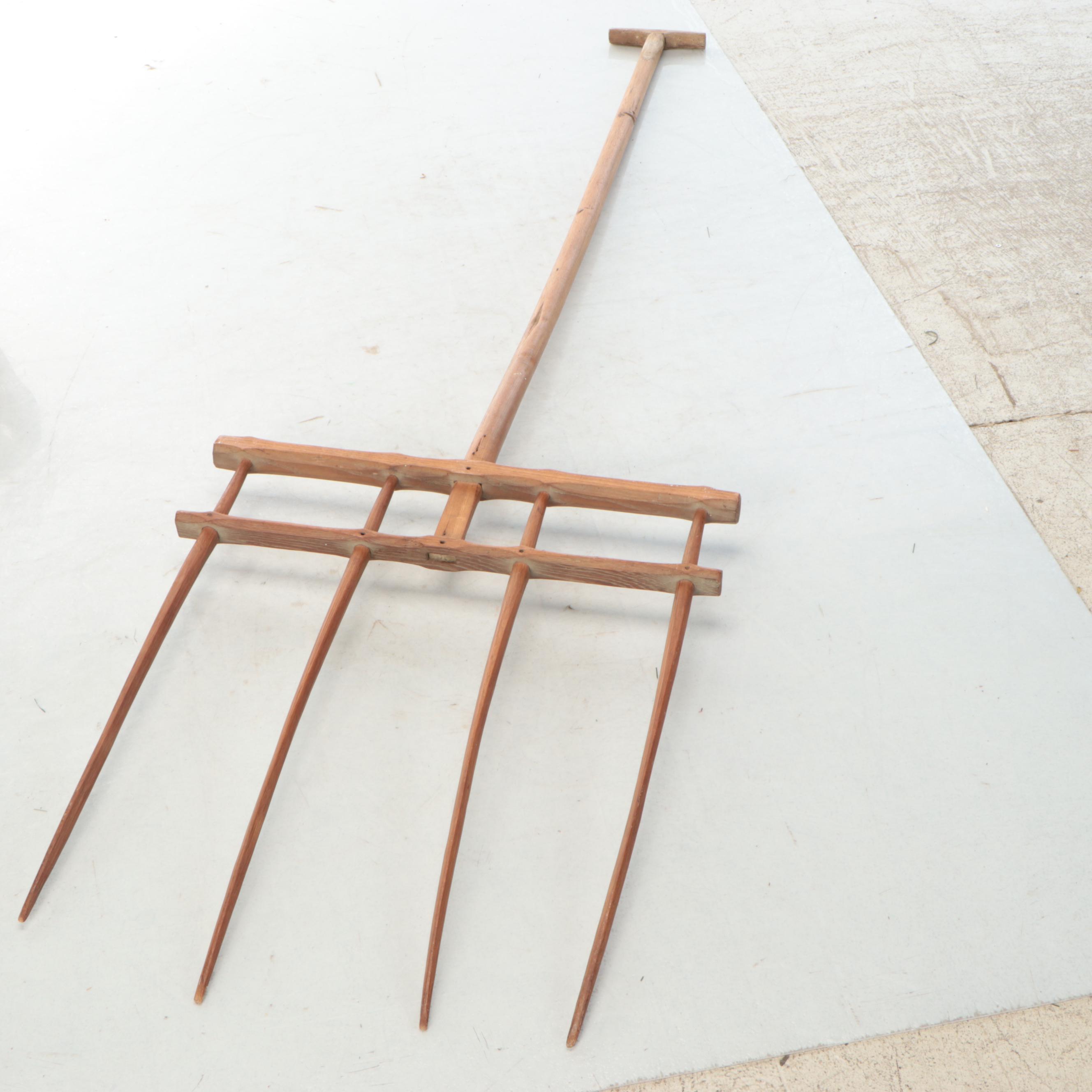 Large Wood Rake and Handled Woven Basket