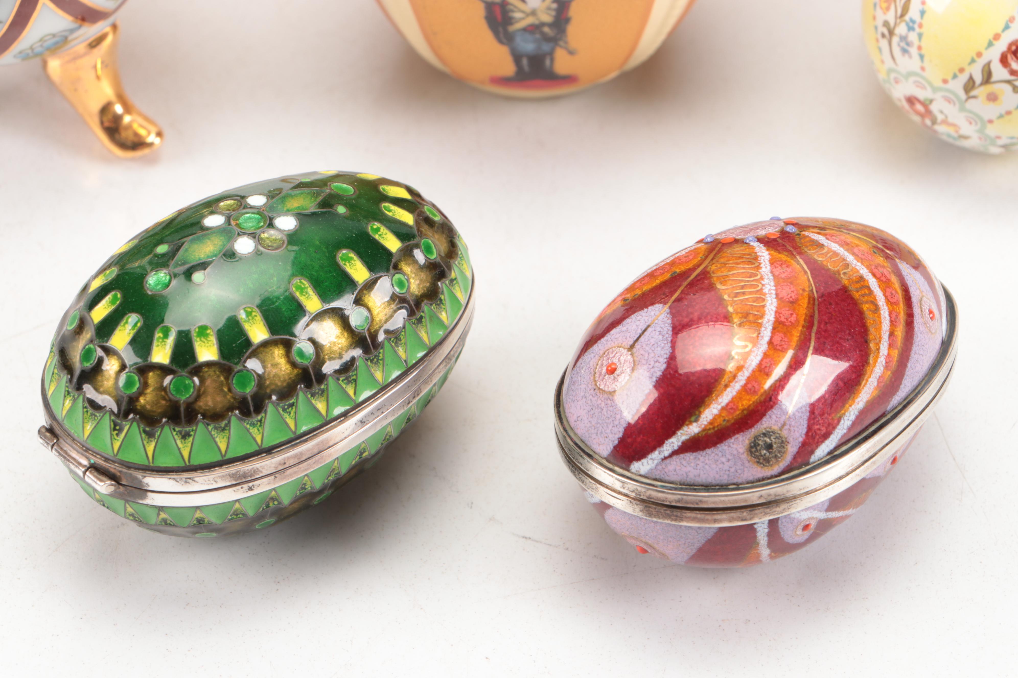Enameled and Sterling Silver with Other Egg-Shaped Boxes and Décor