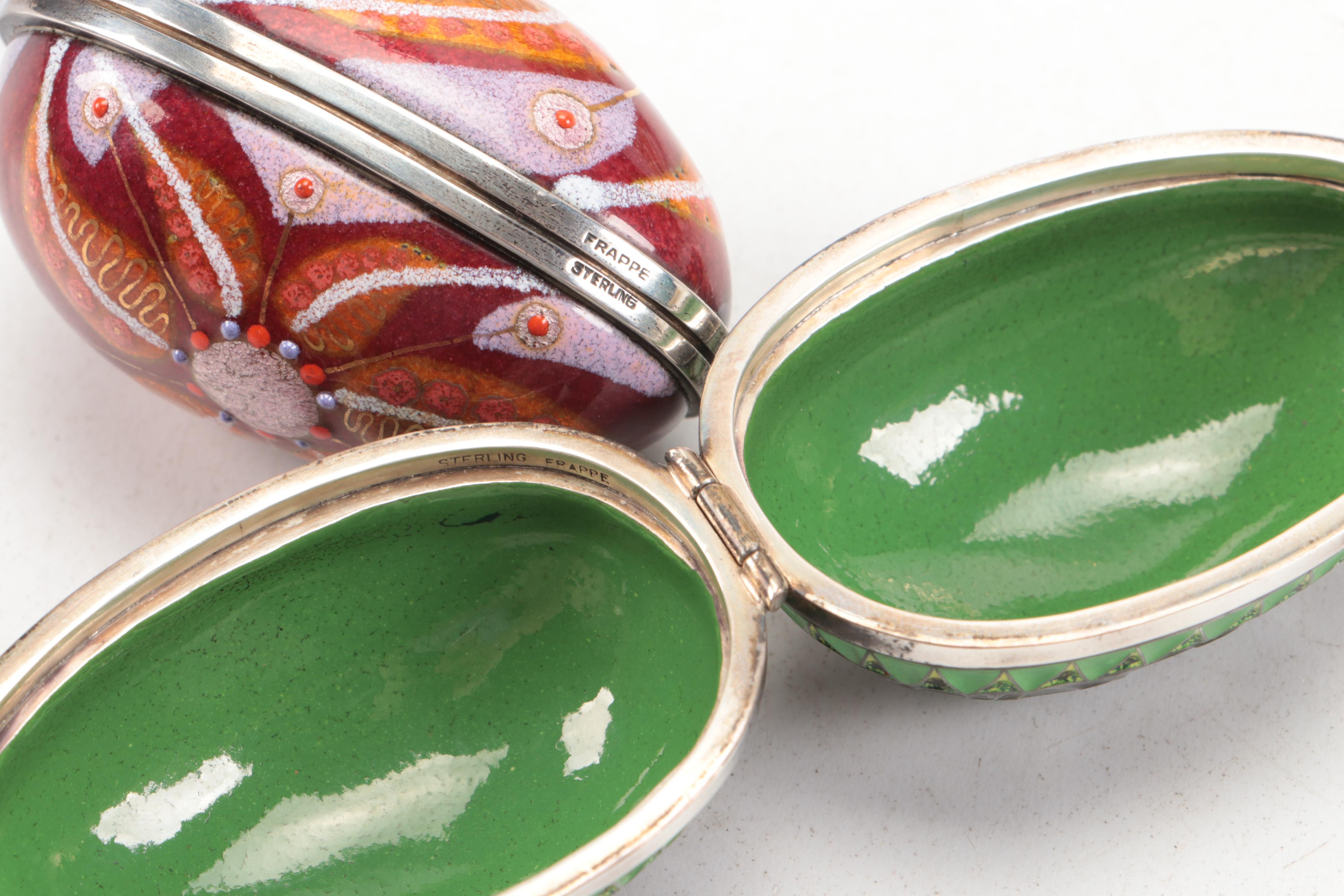 Enameled and Sterling Silver with Other Egg-Shaped Boxes and Décor