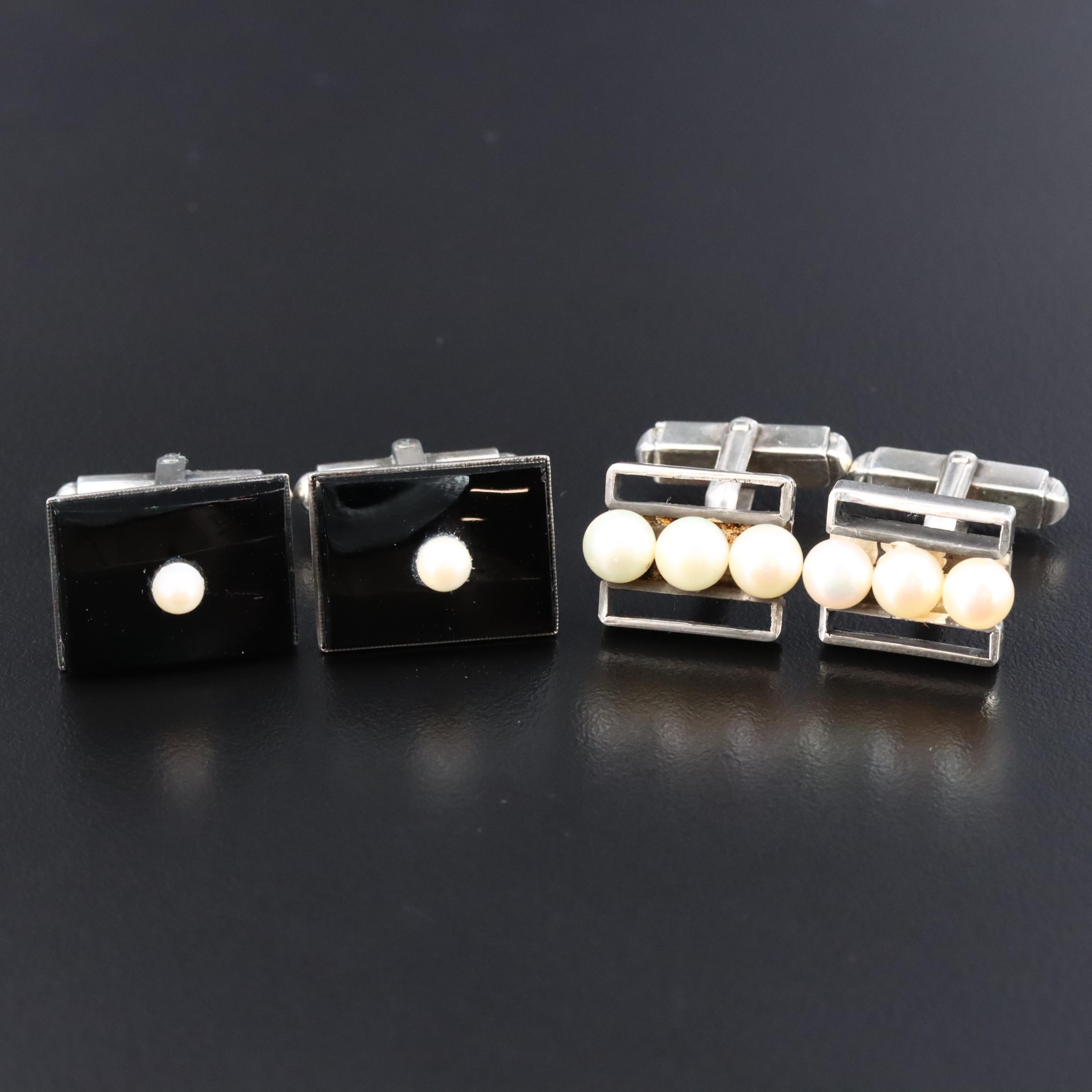 Vintage Modernist Sterling Pearl and Black Obsidian Cufflinks