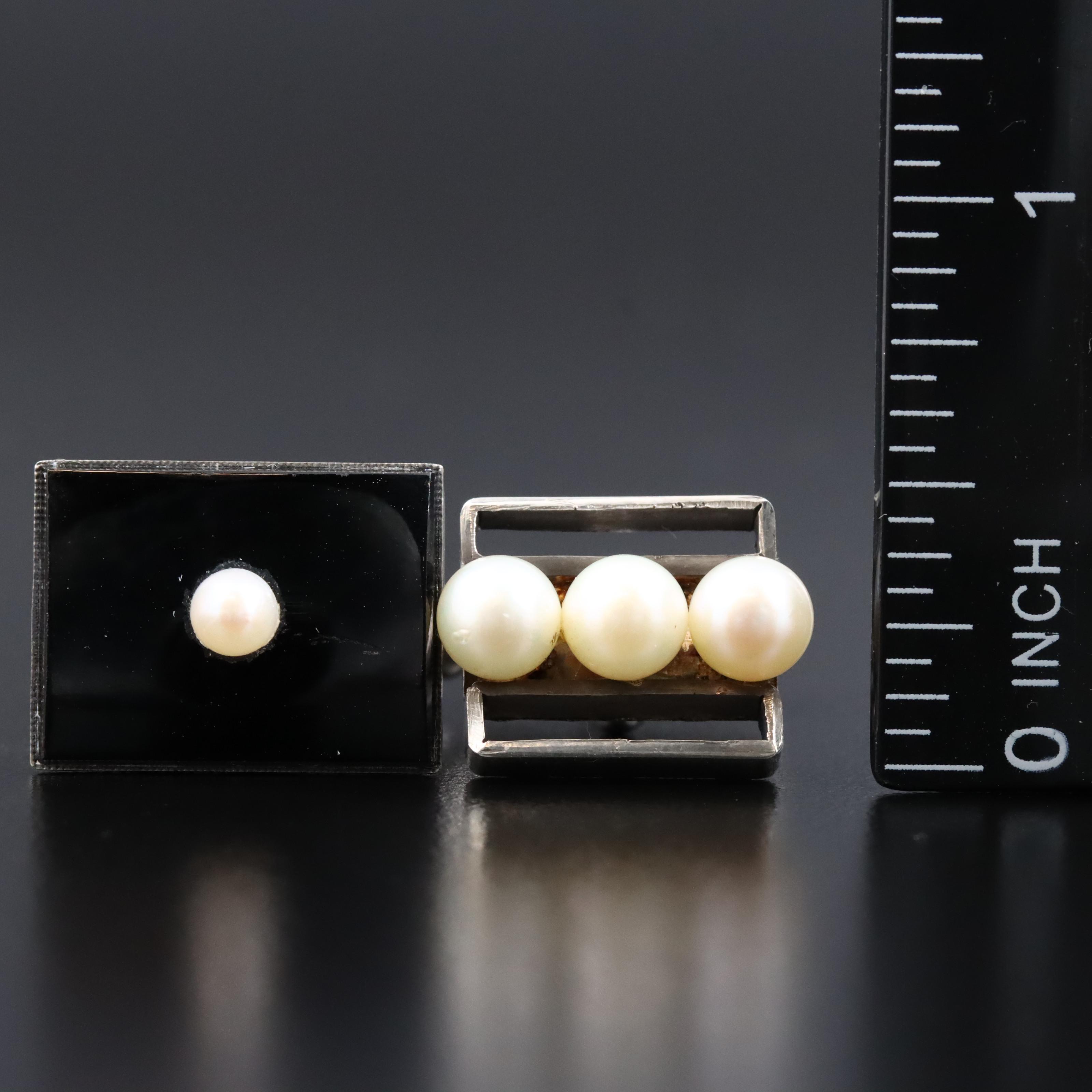 Vintage Modernist Sterling Pearl and Black Obsidian Cufflinks